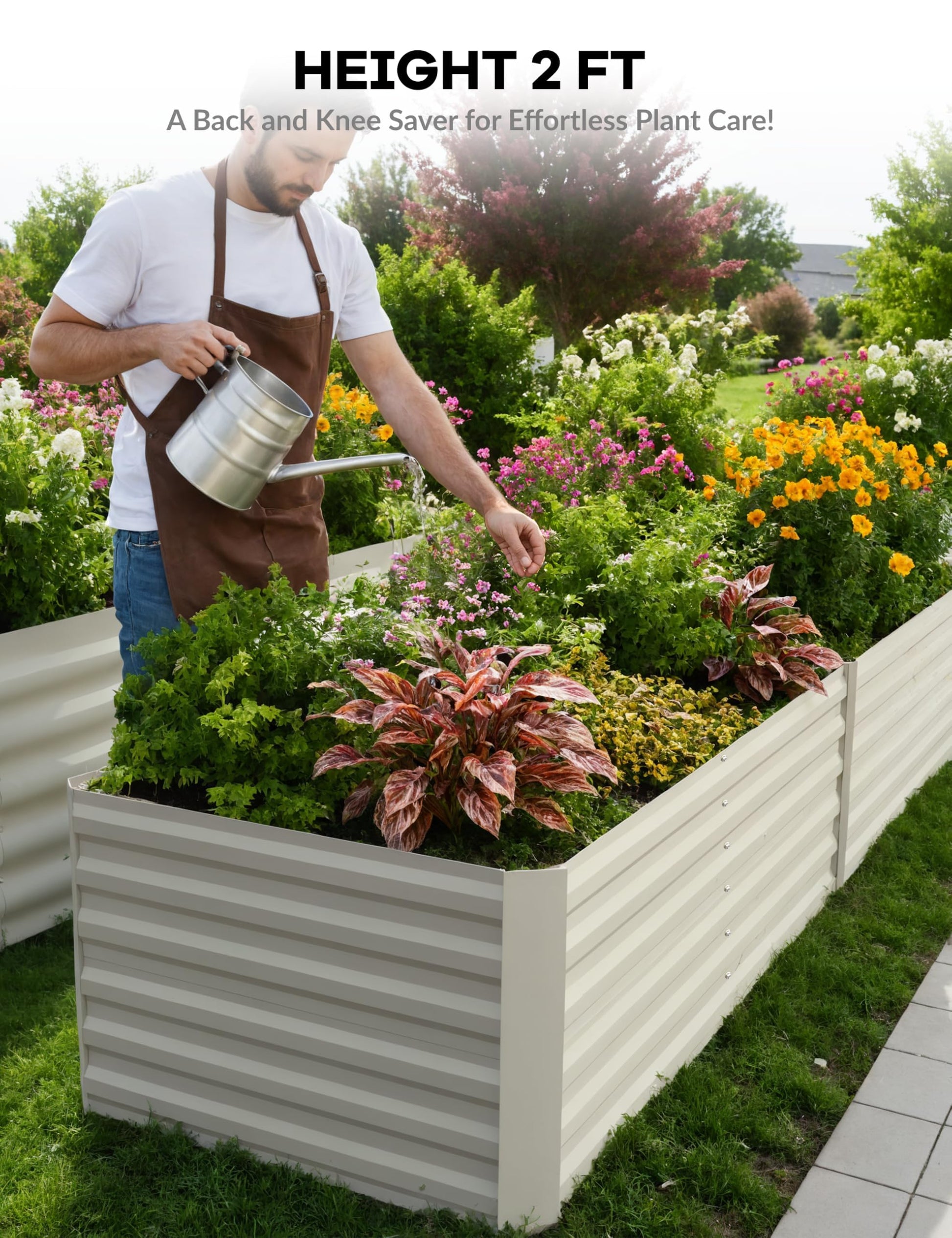 Jardinière surélevée galvanisée Garvee 182 x 91 x 61 cm (6 x 3 x 2 pi), hauteur 61 cm (24 po), en métal durable antirouille, beige, pour fleurs, herbes et légumes de jardin.