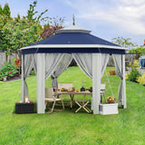 Garvee Tonnelle pop-up hexagonale 4 × 4 m, moustiquaires, toile résistante aux UV et structure acier bleu pour jardin et terrasse - Bleu