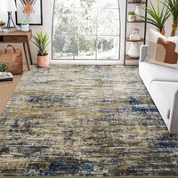 Tapis Garvee anti-taches lavable en machine bleu/camel 200x290 cm pour salon, chambre, couloir