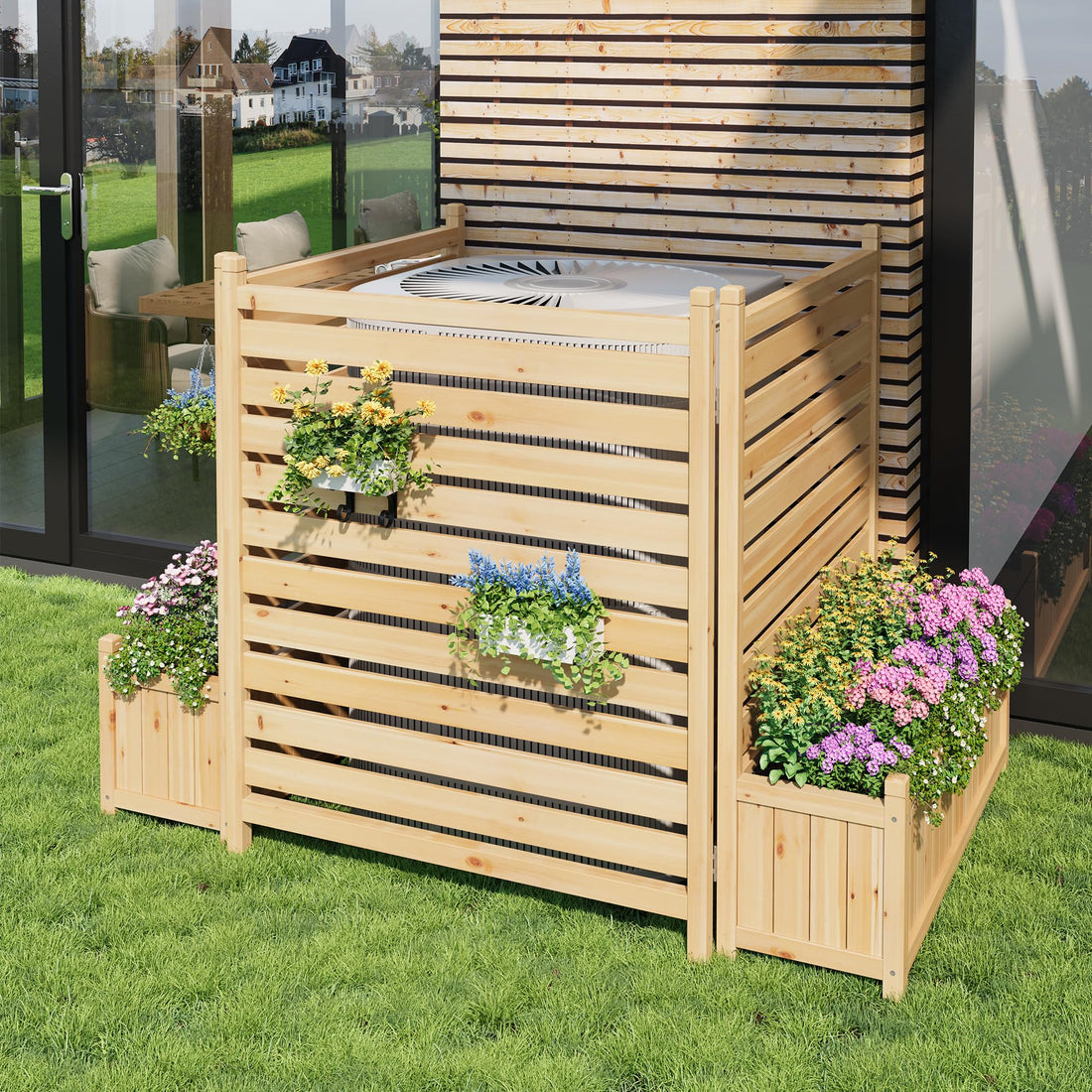 Clôture d'extérieur Garvee 33 x 40 pouces, en bois avec jardinière intégrée, idéale pour terrasse et jardin. Résistante aux intempéries, robuste et autoportante. Bois naturel.