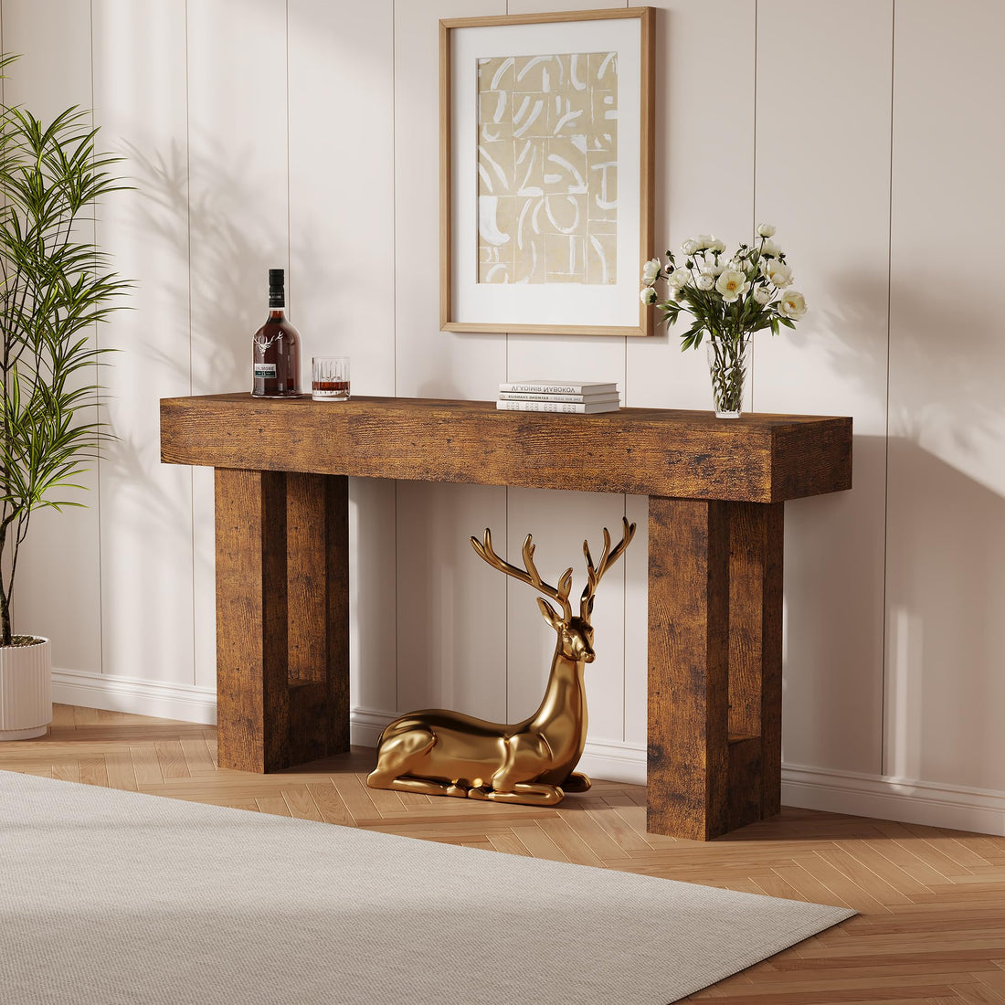 Garvee Console farmhouse 160 cm marron rustique, design minimaliste en T avec étagères ouvertes, idéale pour entrée, salon et rangement décoratif