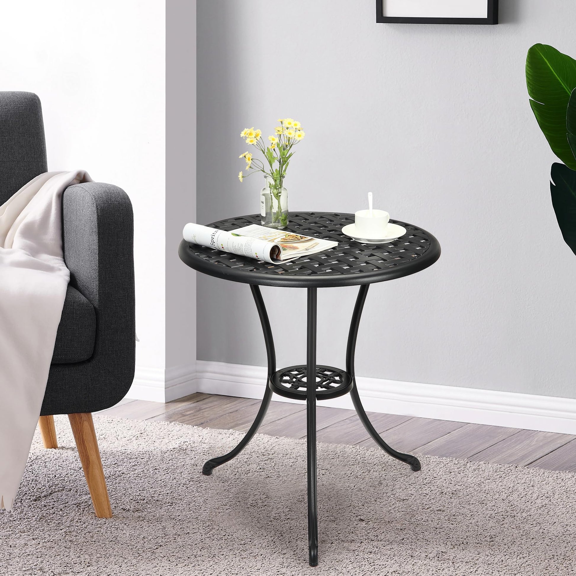 Table de bistrot Garvee Patio ronde de 61 cm (24 po) avec trou pour parasol de 5 cm (2 po), en aluminium résistant aux intempéries et structure en fer robuste, noir classique, pour balcon et jardin.