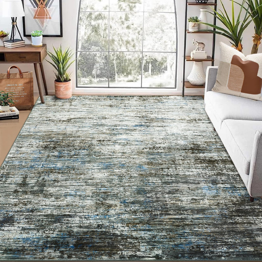 Tapis Garvee moderne lavable, motif abstrait, pour salon, chambre ou chambre d'enfant, 120 x 170 cm, bleu-gris, polyester