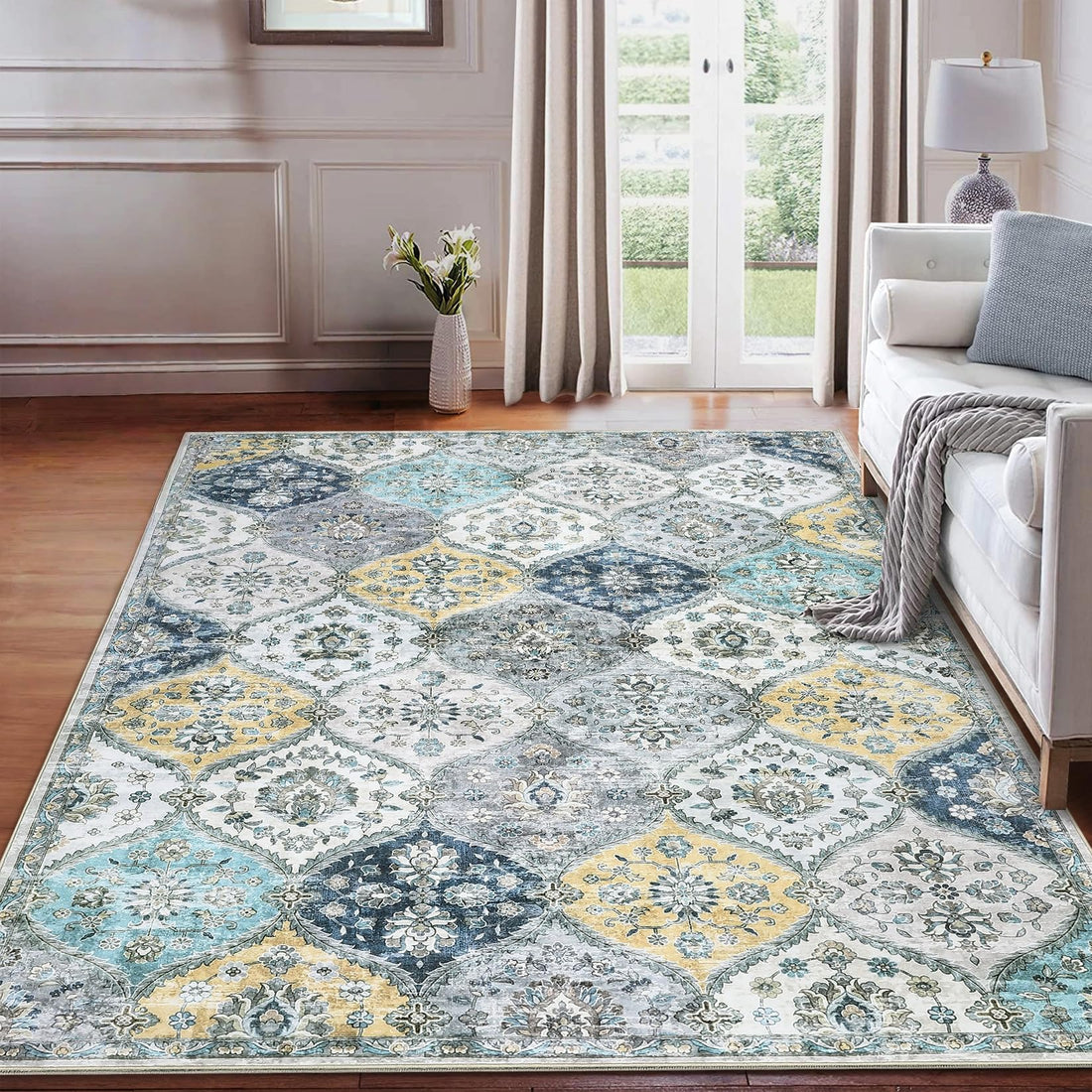 Tapis Garvee lavable vintage 120x170cm pliable à poils courts pour intérieur salon bleu jaune