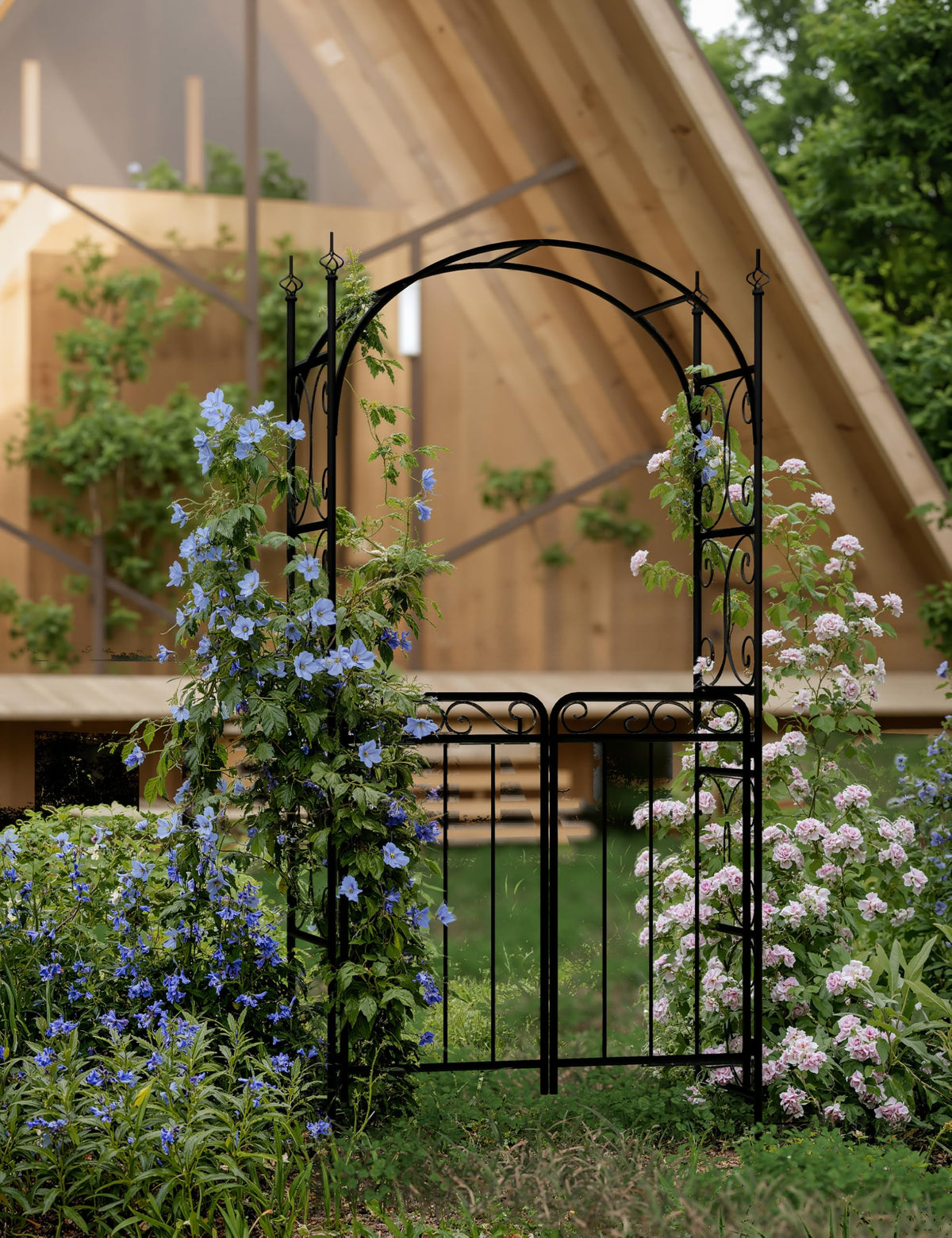 Arche de jardin Garvee de 2,4 m avec portail, métal robuste, résistante aux intempéries, noire, pour mariages et jardins, structure en treillis