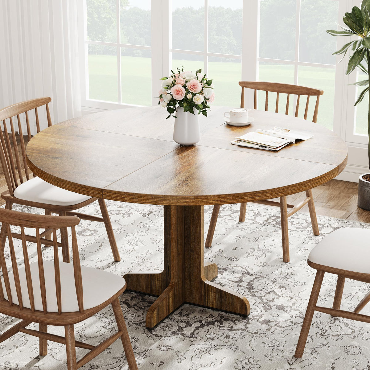Garvee Table à manger ronde en bois 119 cm pour 4 à 6 personnes, structure robuste, pieds réglables, finition noire élégante, cuisine et salon