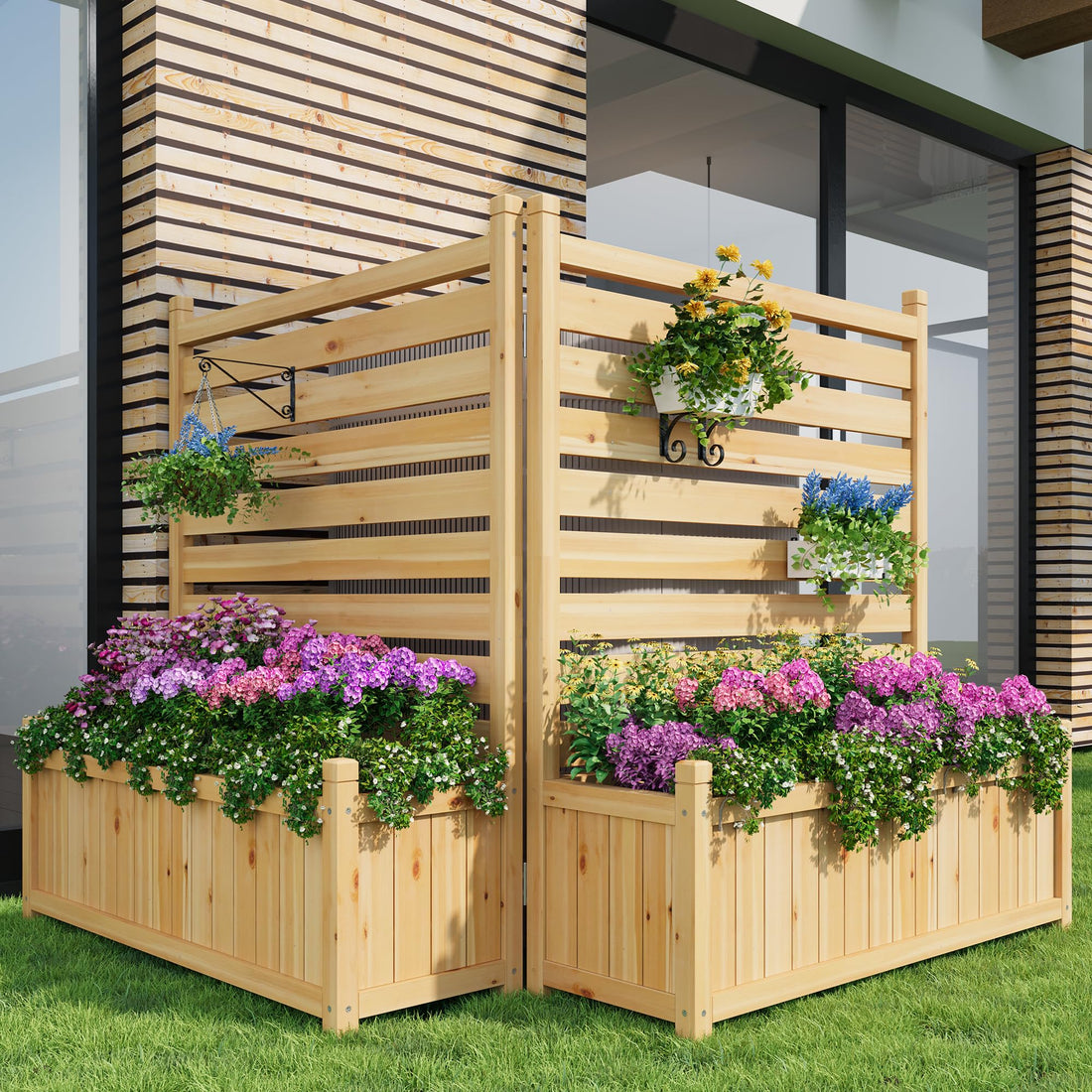 Clôture d'extérieur Garvee en bois, 56 x 102 cm, composée de 2 panneaux et d'une jardinière, idéale pour le jardin et la terrasse. Résistante aux intempéries, stable et autoportante. Couleur : bois naturel marron.