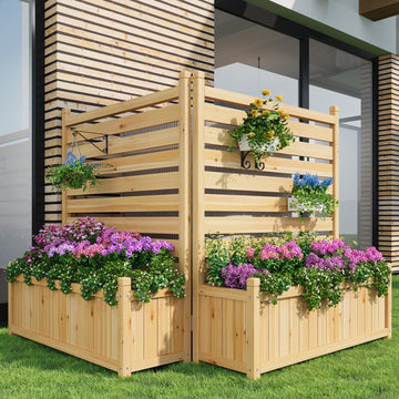 Clôture d'extérieur Garvee en bois, 56 x 102 cm, composée de 2 panneaux et d'une jardinière, idéale pour le jardin et la terrasse. Résistante aux intempéries, stable et autoportante. Couleur : bois naturel marron.