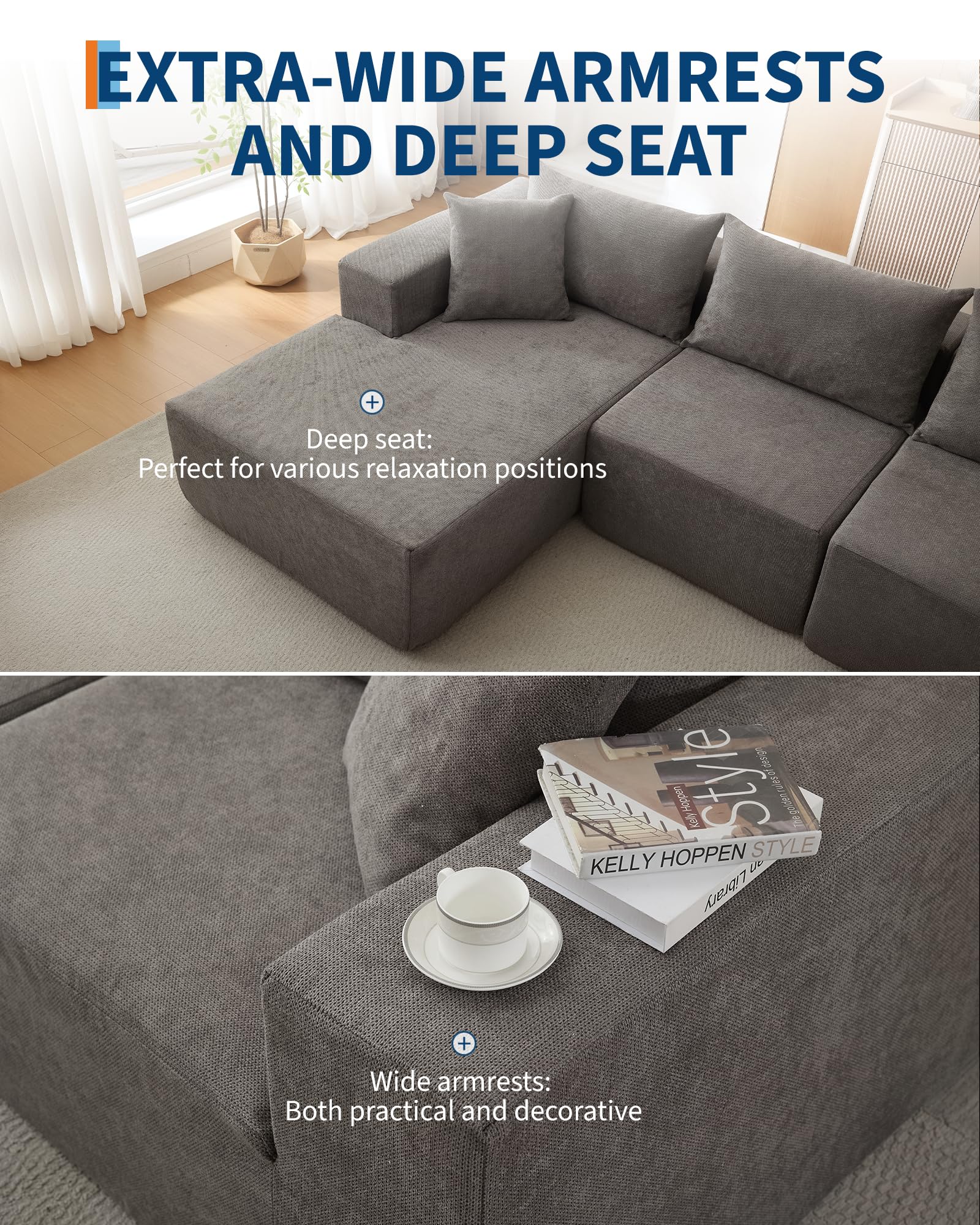Canapé d'angle modulaire Garvee Cloud 108" avec méridienne, structure sans ossature, revêtement en polymère, gris, pour salon