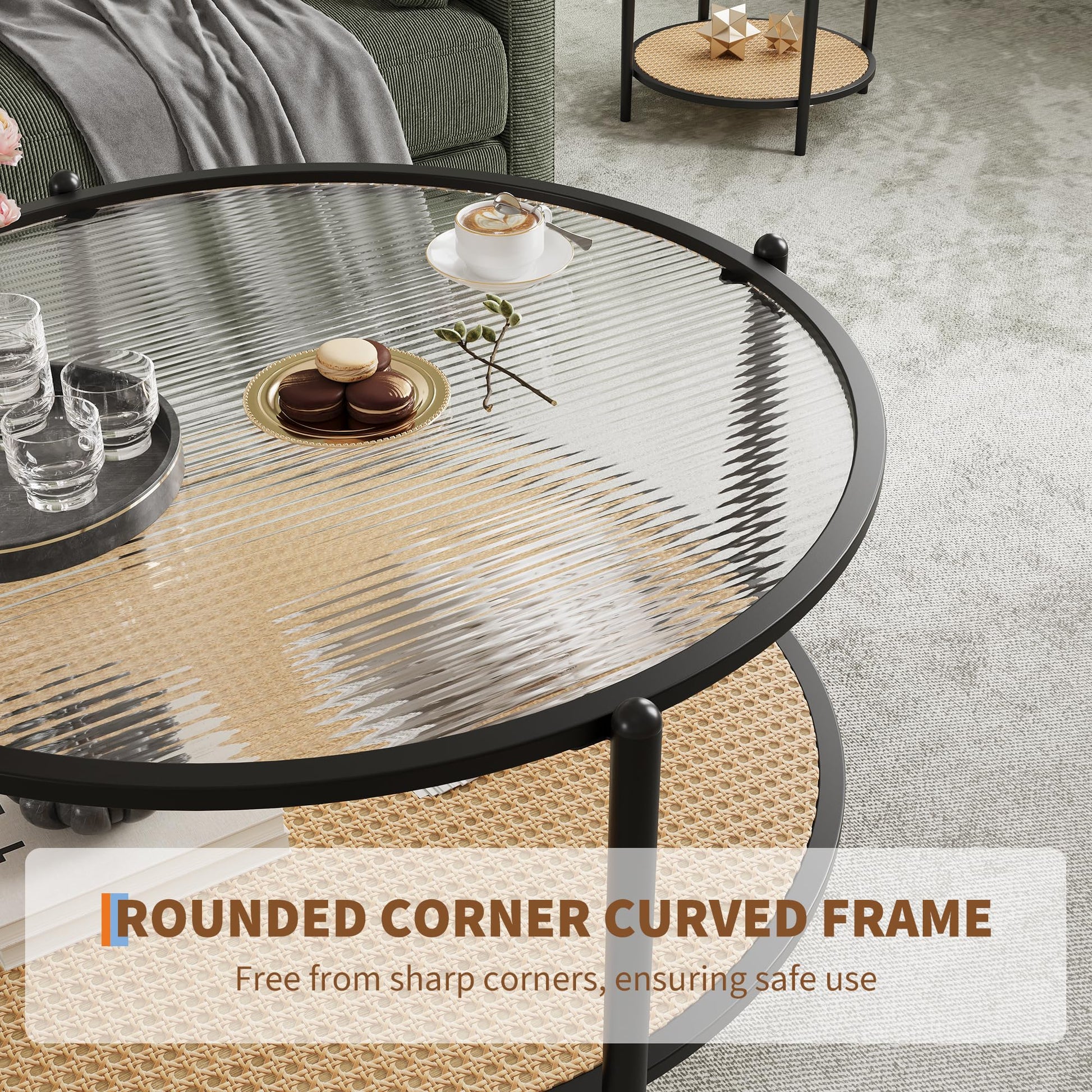 Table basse Garvee 30" en rotin à 2 niveaux, structure en métal, plateau en verre effet vague, noir, pour salon et bureau, 30"