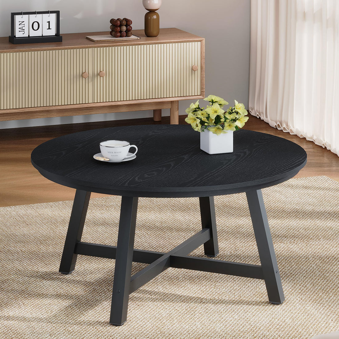 Table basse rectangulaire moderne Garvee 102x52cm en bois robuste, style minimaliste marron/noir, idéale pour le salon et le balcon.