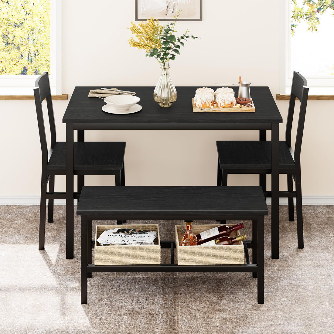 Garvee Ensemble repas 4 personnes avec table, 2 chaises et banc, MDF et acier noir, rangement intégré pour petits espaces