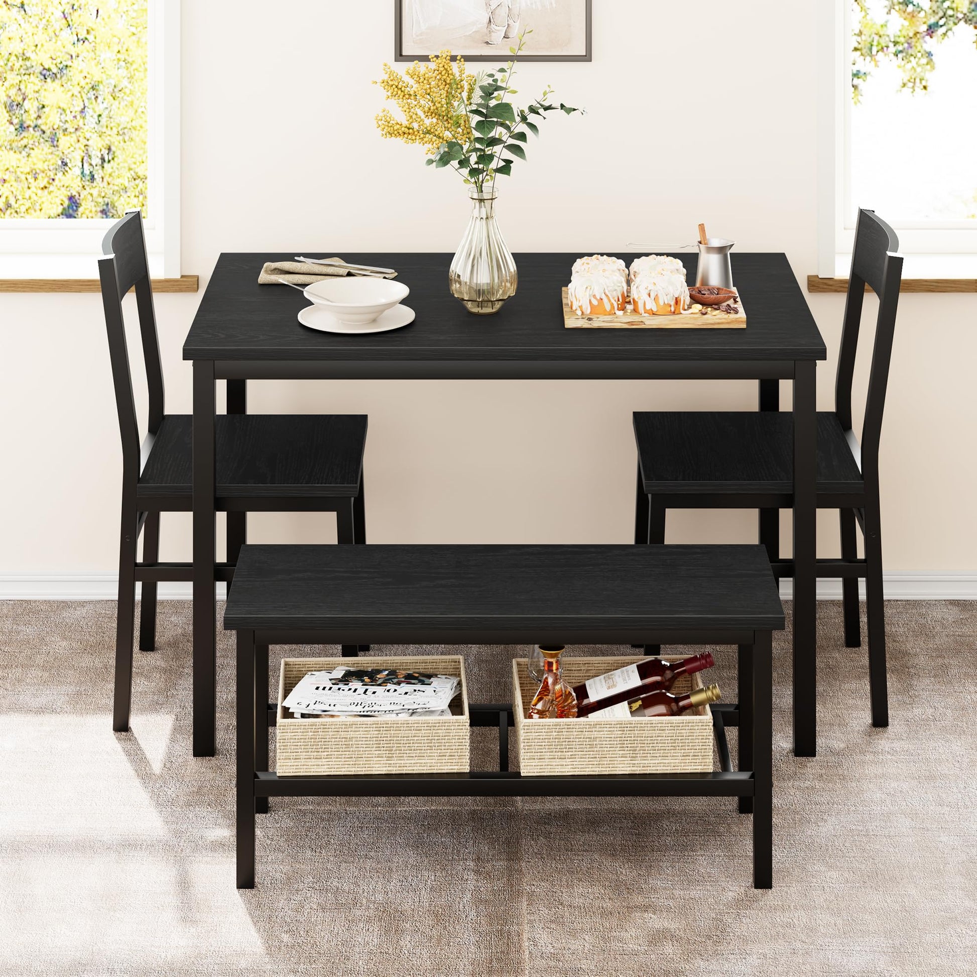 Ensemble table et chaises Garvee pour 4 personnes avec banc et chaises, gain de place, rangement intégré, MDF et acier, robuste, noir, idéal pour les petits appartements