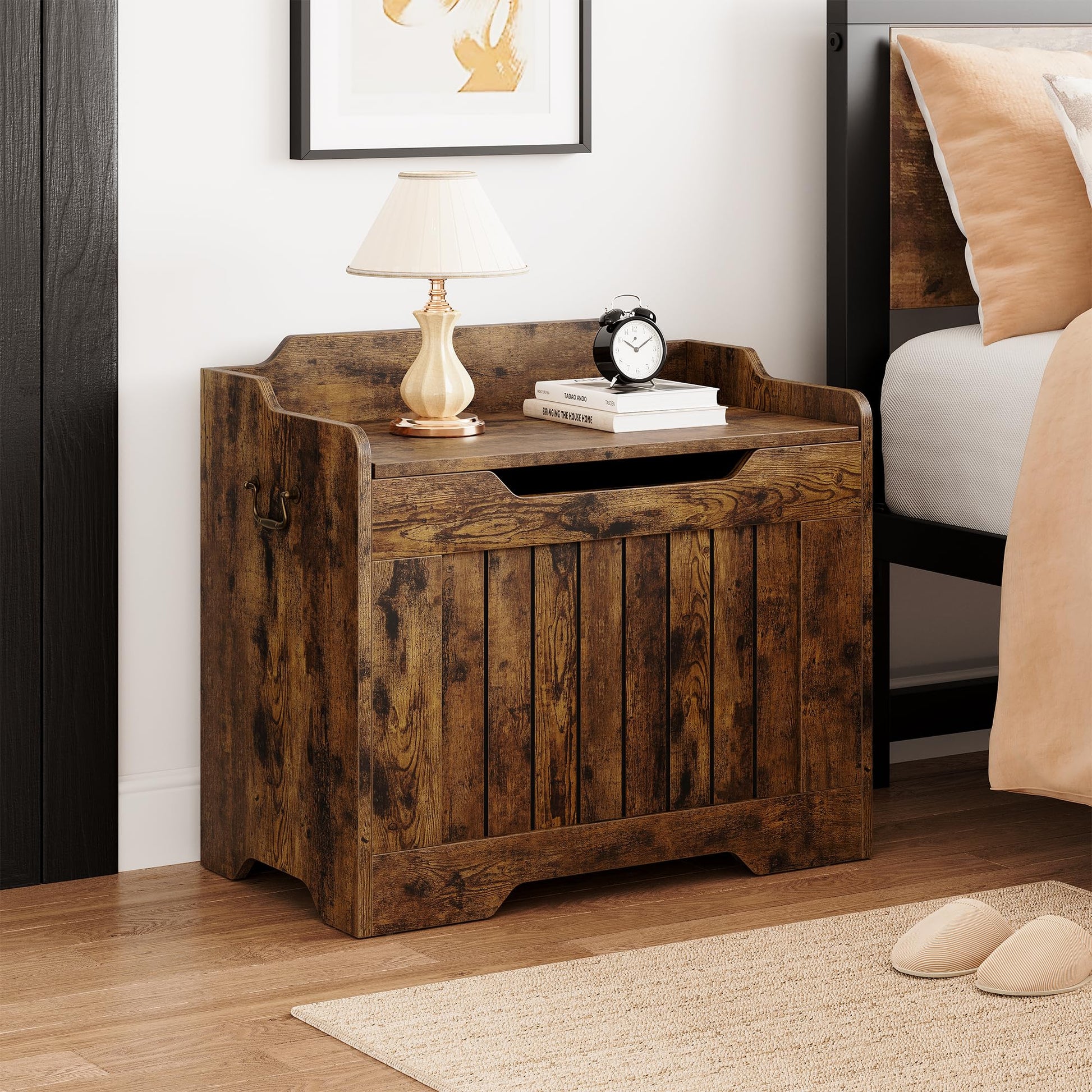 GARVEE Coffre de rangement en bois 63 cm, banc avec charnière de sécurité, supporte 159 kg, MDF durable, pour entrée, salon, chambre, style vintage