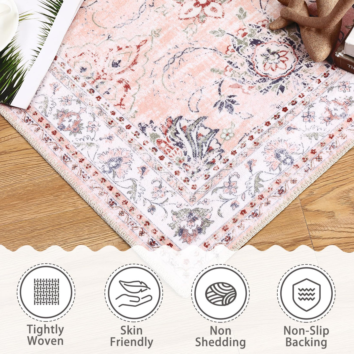 Tapis d'intérieur et d'extérieur Garvee Vintage Antidérapant Résistant à l'eau et aux taches Lavable 140x200 cm Rose Salon Chambre Bureau