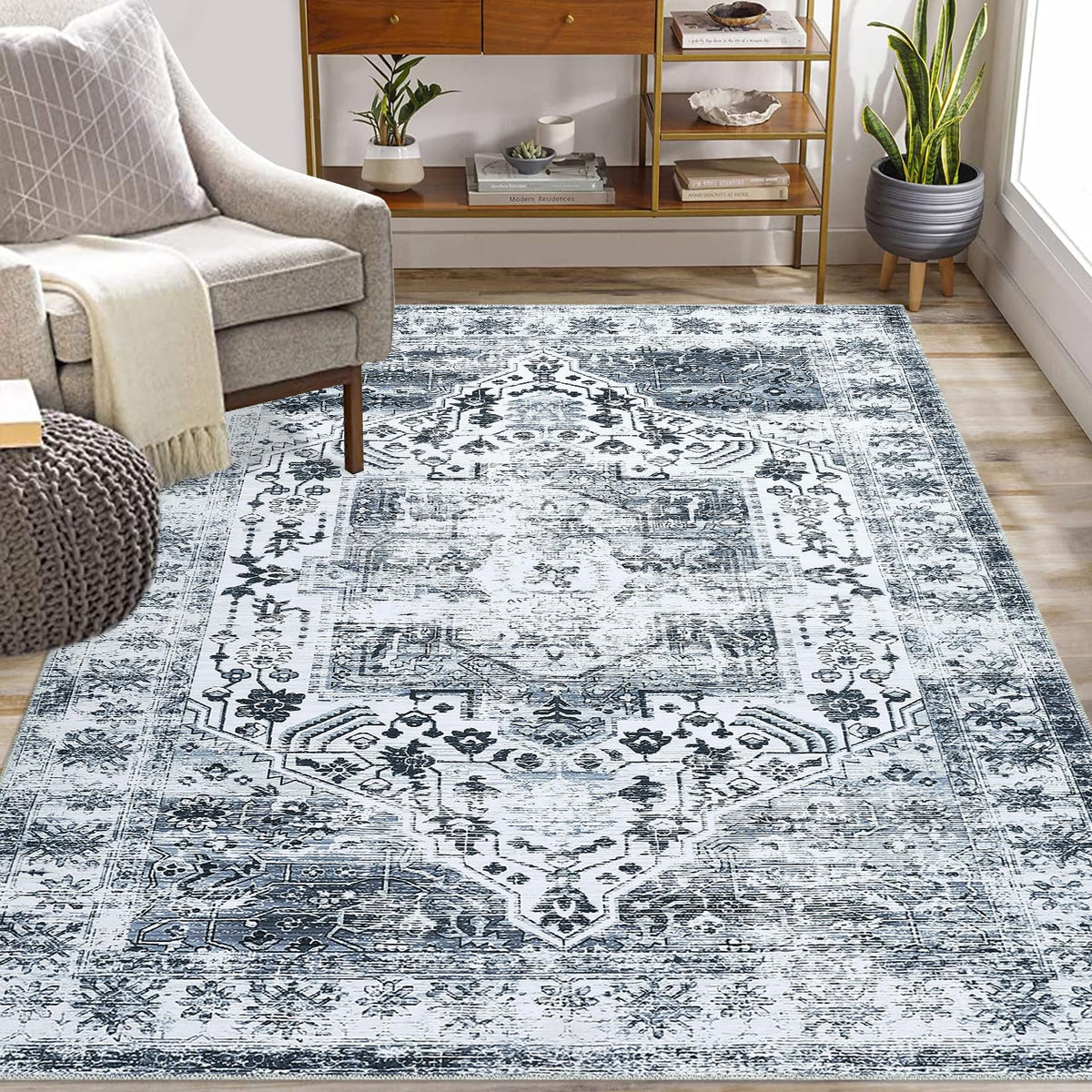 Tapis Garvee lavable en machine 80 x 150 cm, design vintage gris, antidérapant, pour salon ou chambre