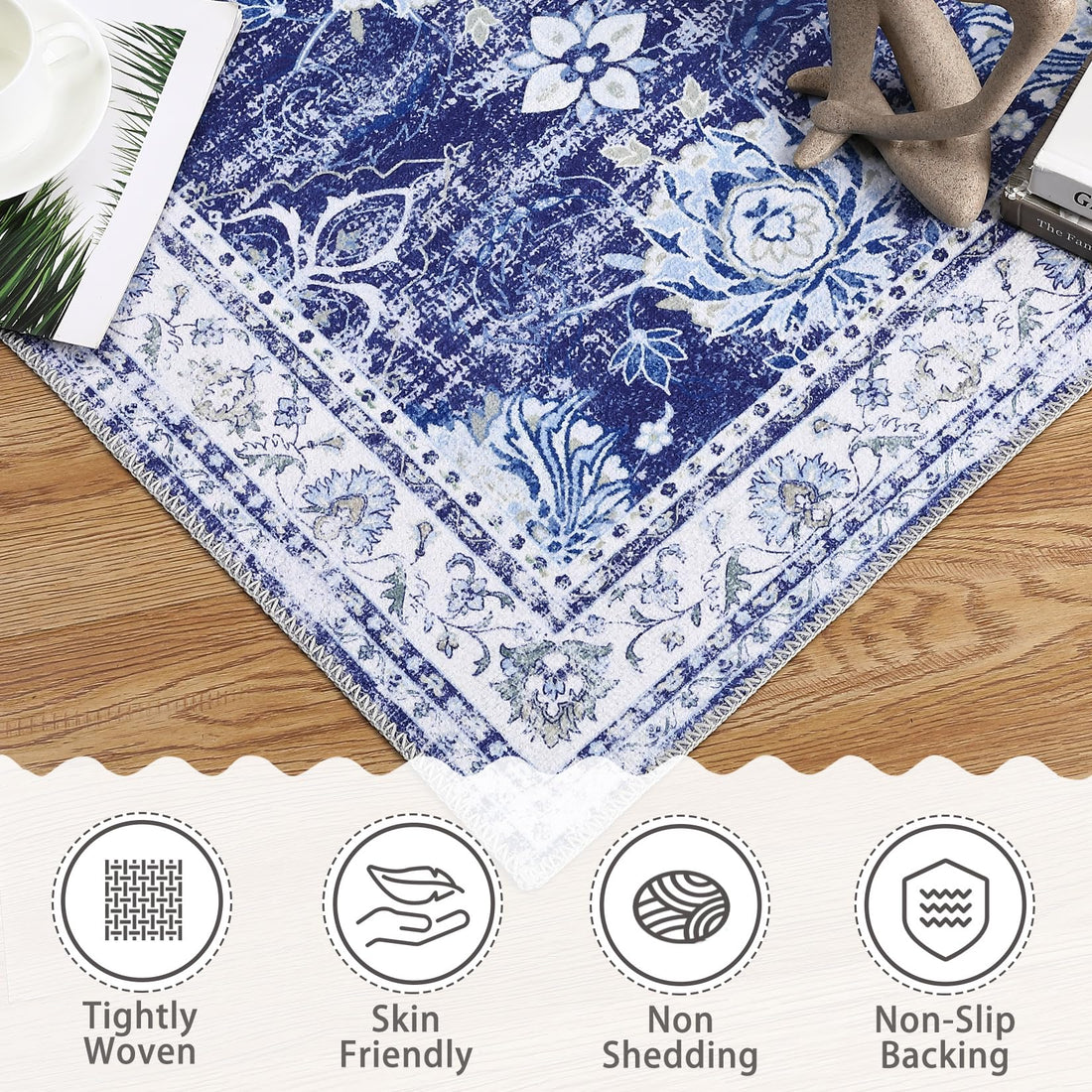 Tapis oriental Garvee, design vintage, 80 x 150 cm, bleu marine, antidérapant, à poils courts, résistant aux taches, pour salon, chambre ou cuisine.