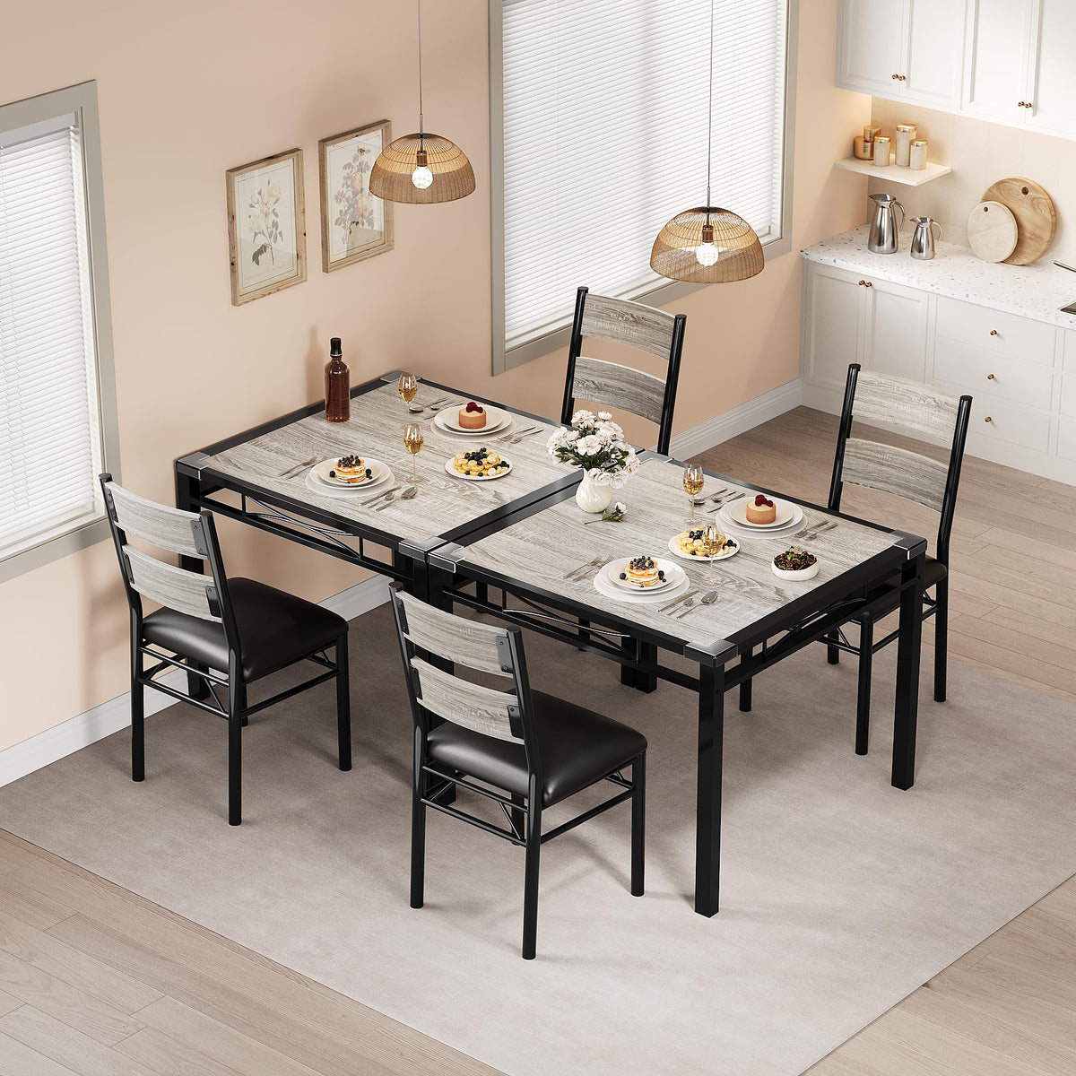 Ensemble table et chaises Garvee pour 2 personnes avec chaises rembourrées, protections d'angle, ergonomique, en MDF, structure en acier, gris rétro, compact pour cuisine et appartement