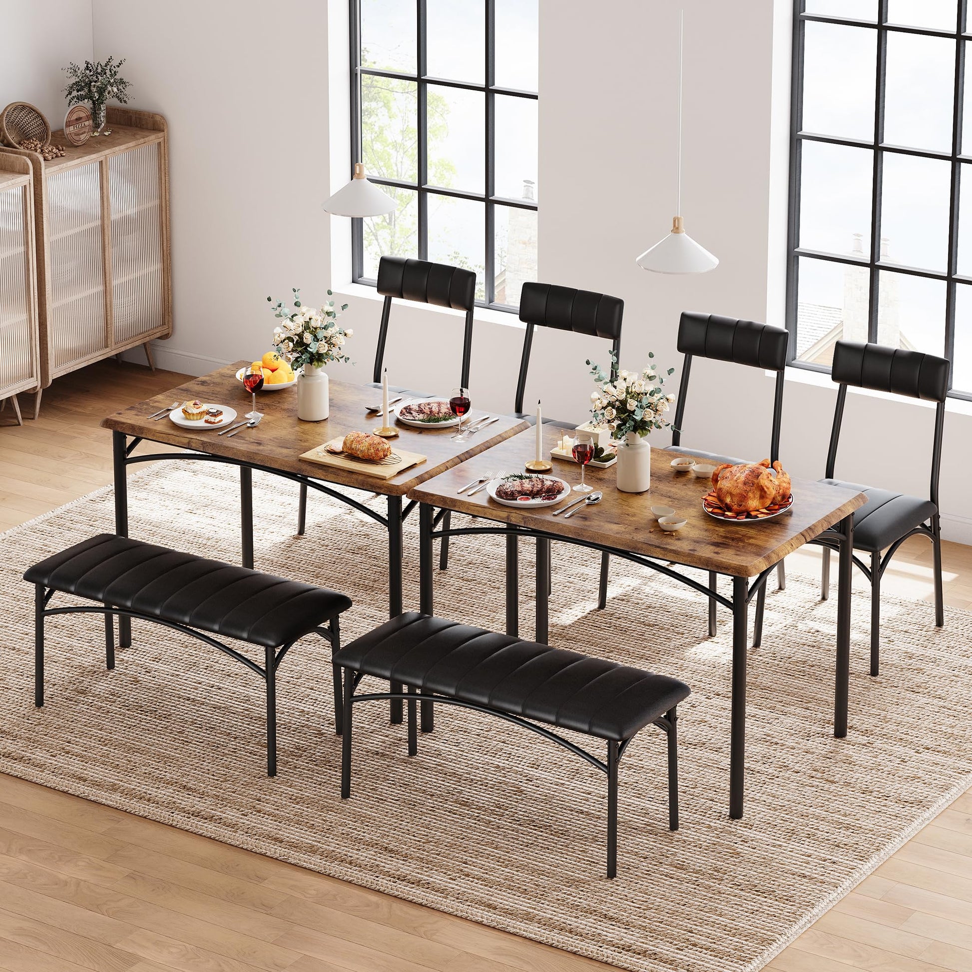 Garvee Ensemble table à manger 4 personnes avec table de cuisine, chaises et banc rembourrés, plateau MDF, structure métal, gain de place pour studio et appartement