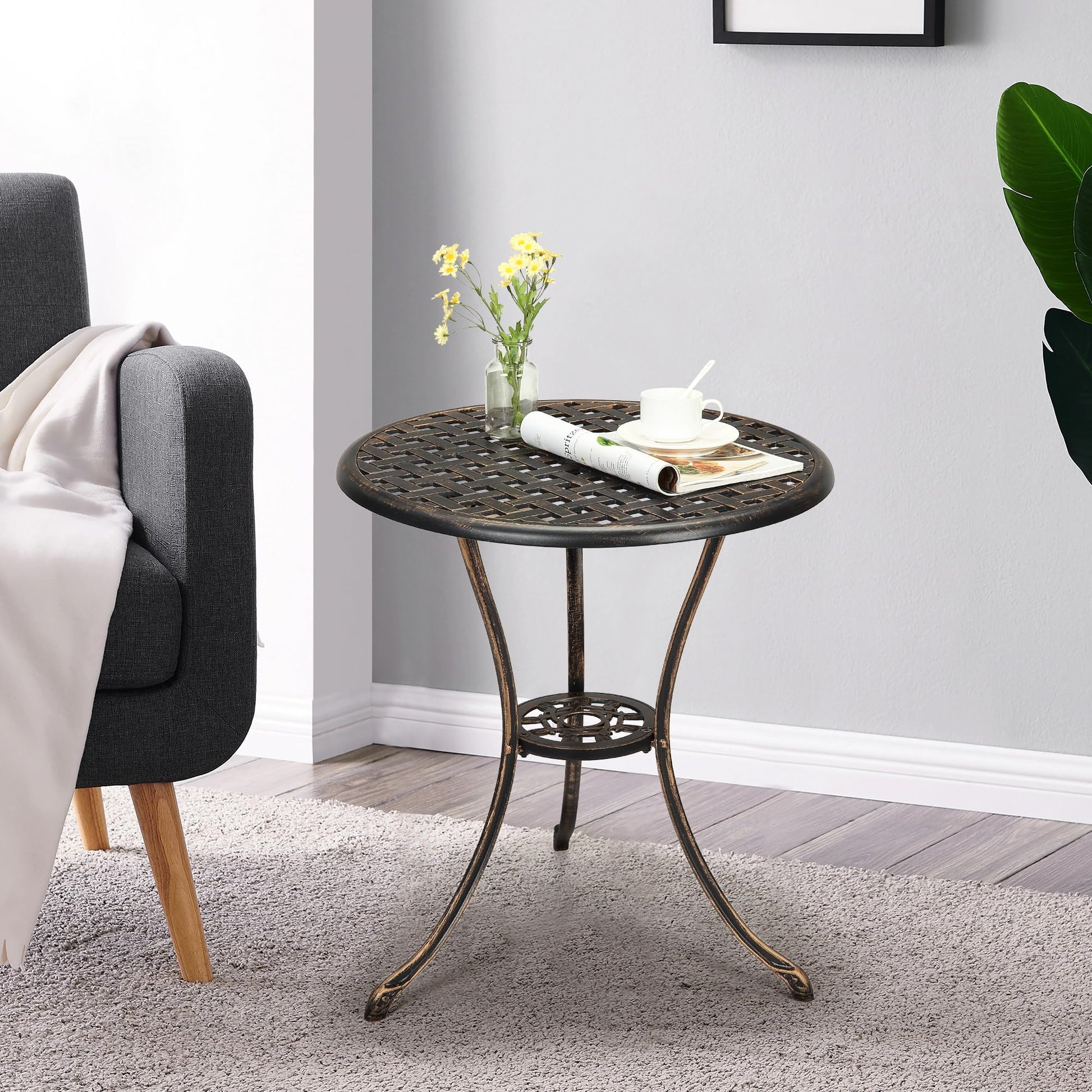 Table bistro Garvee 24" en aluminium avec trou pour parasol, antirouille, bronze vieilli, idéale pour le jardin et le balcon, robuste et légère.