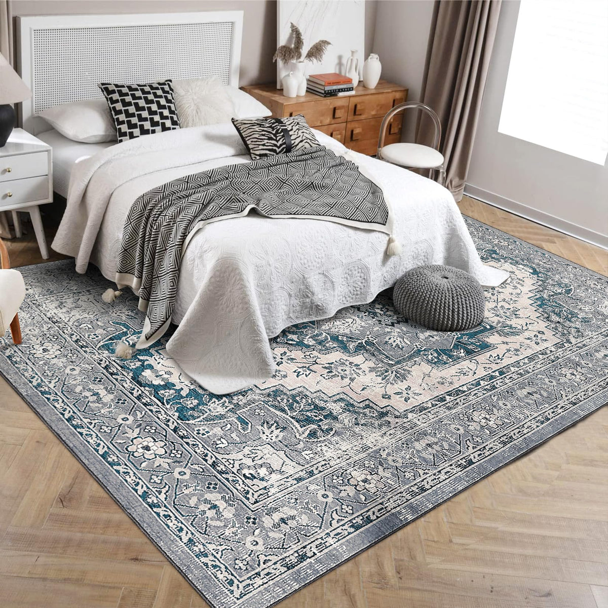 Tapis Garvee lavable en machine pour salon et chambre, antidérapant, résistant aux taches, 80 x 150 cm, bleu-gris