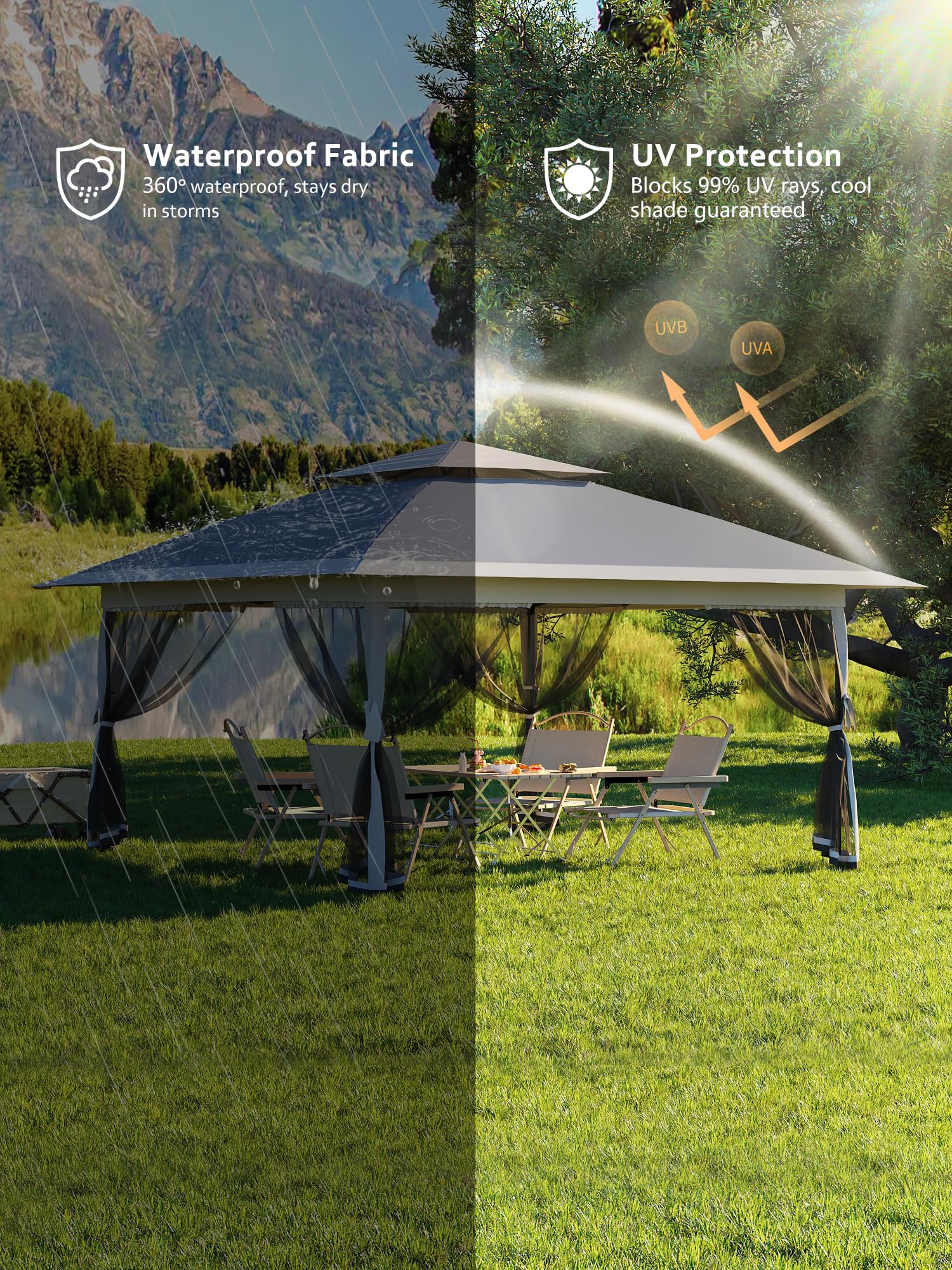 Garvee Tonnelle pliante 396 × 396 cm avec moustiquaire et auvent rétractable One Touch, structure acier robuste, imperméable, protection UV, pour patio et jardin, gris