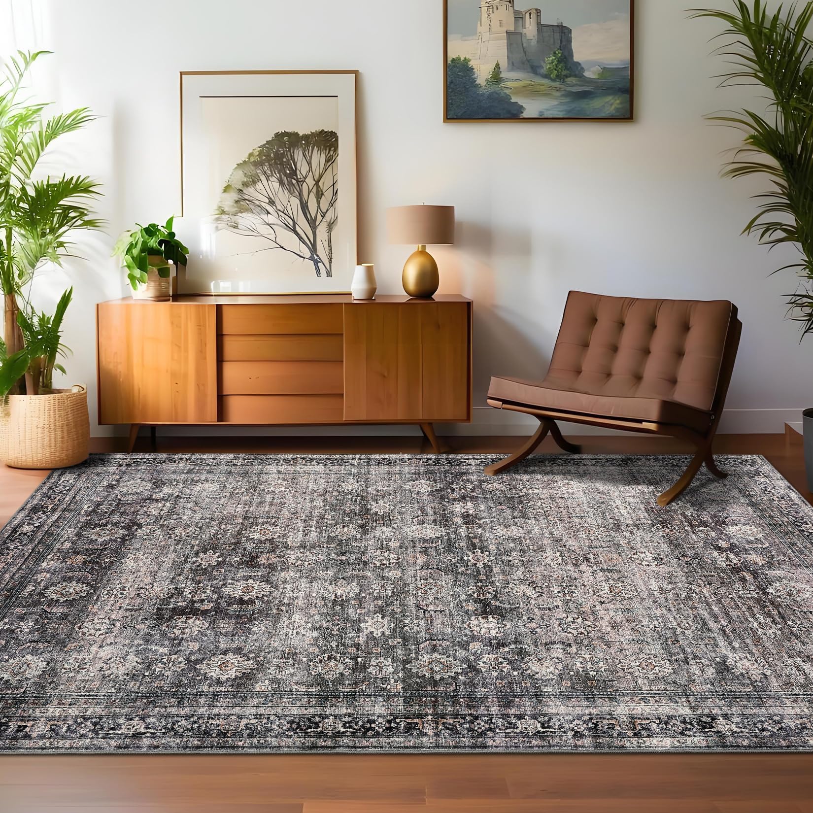 Tapis vintage lavable Garvee, style oriental à poils courts, antidérapant et doux, pour salon, chambre et cuisine, vert camel