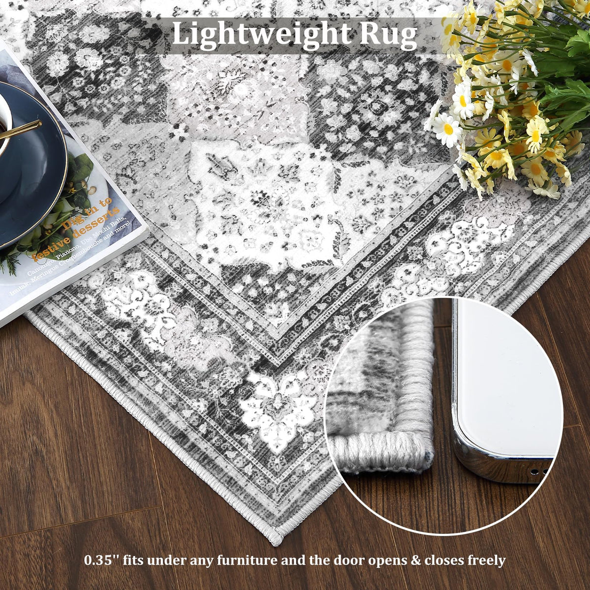 Tapis Garvee Boho Rugs lavable, antidérapant et fin, pour salon, salle à manger, chambre, cuisine ou bureau, 120 x 170 cm, gris