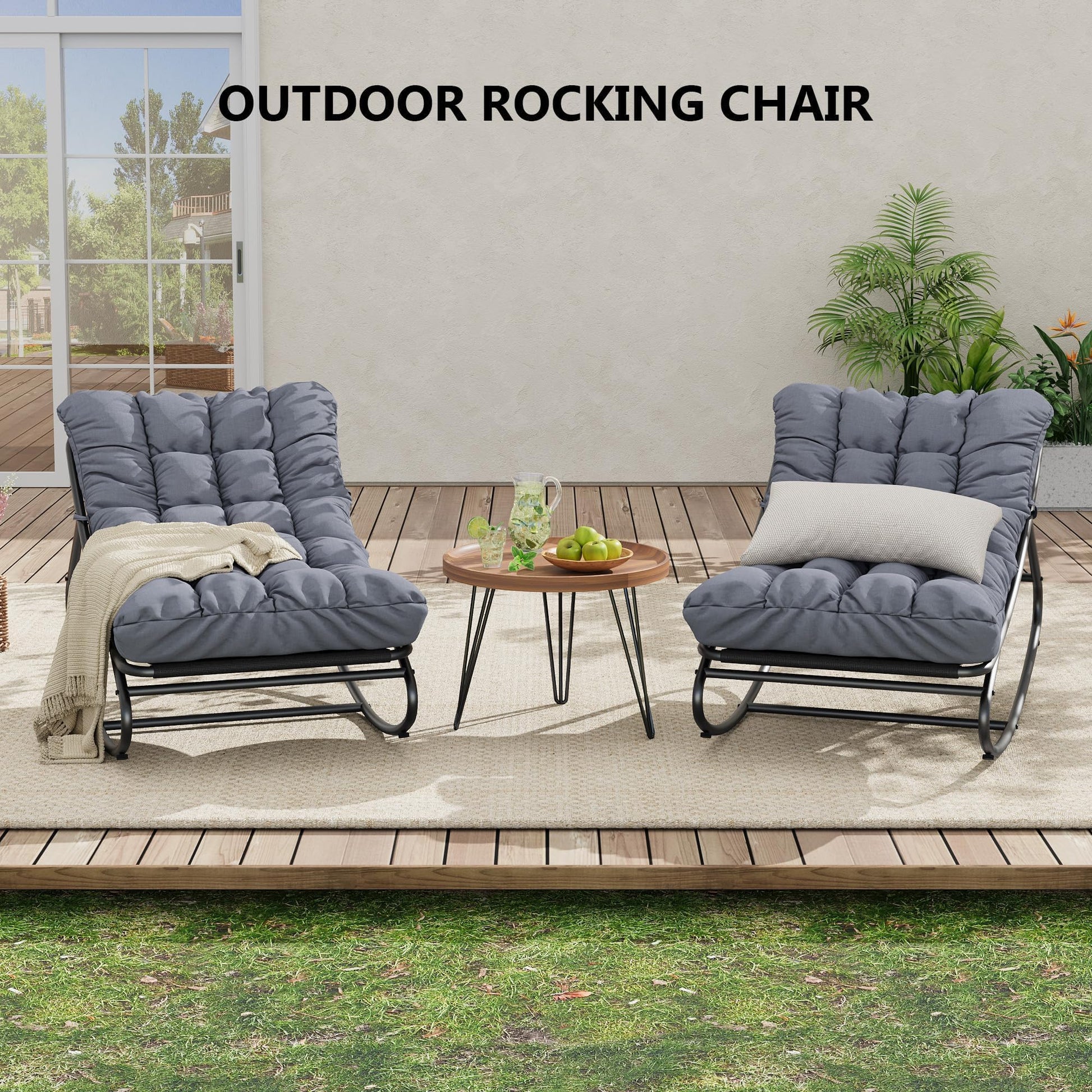 Fauteuil à bascule d'extérieur Garvee, structure en métal, réglable, imperméable, confortable, capacité de 204 kg, gris foncé, pour terrasse, jardin, salon