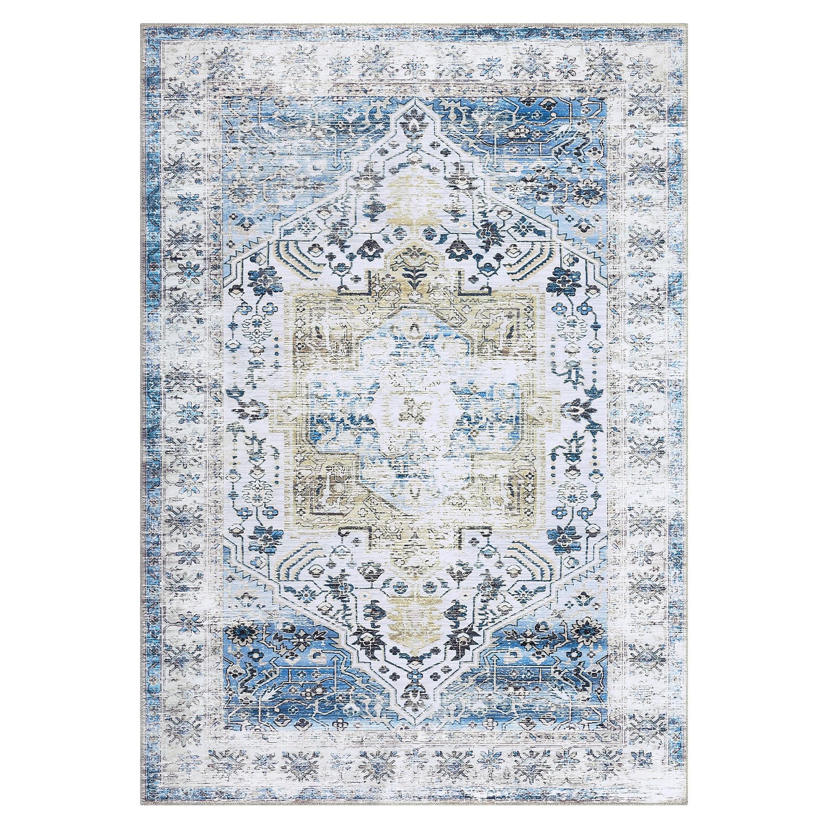 Tapis de sol vintage Garvee bleu 120x170 cm - Lavable en machine, à poils courts, en chenille antidérapante pour une utilisation intérieure et extérieure, tapis de chambre et de salon