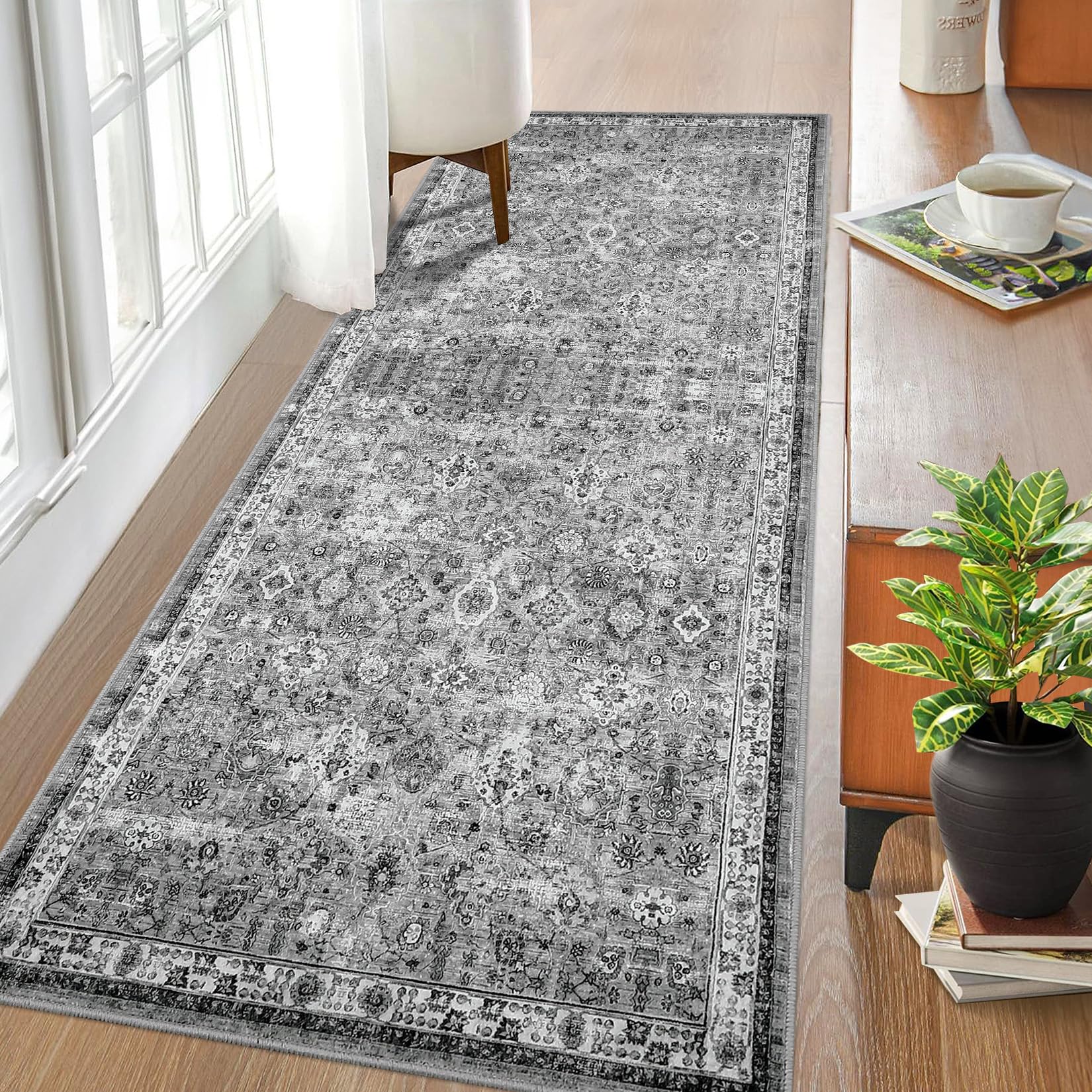 Tapis de couloir antidérapant à poils courts Garvee Boho pour cuisine, entrée, chambre, salon, 80 x 150 cm, gris vintage