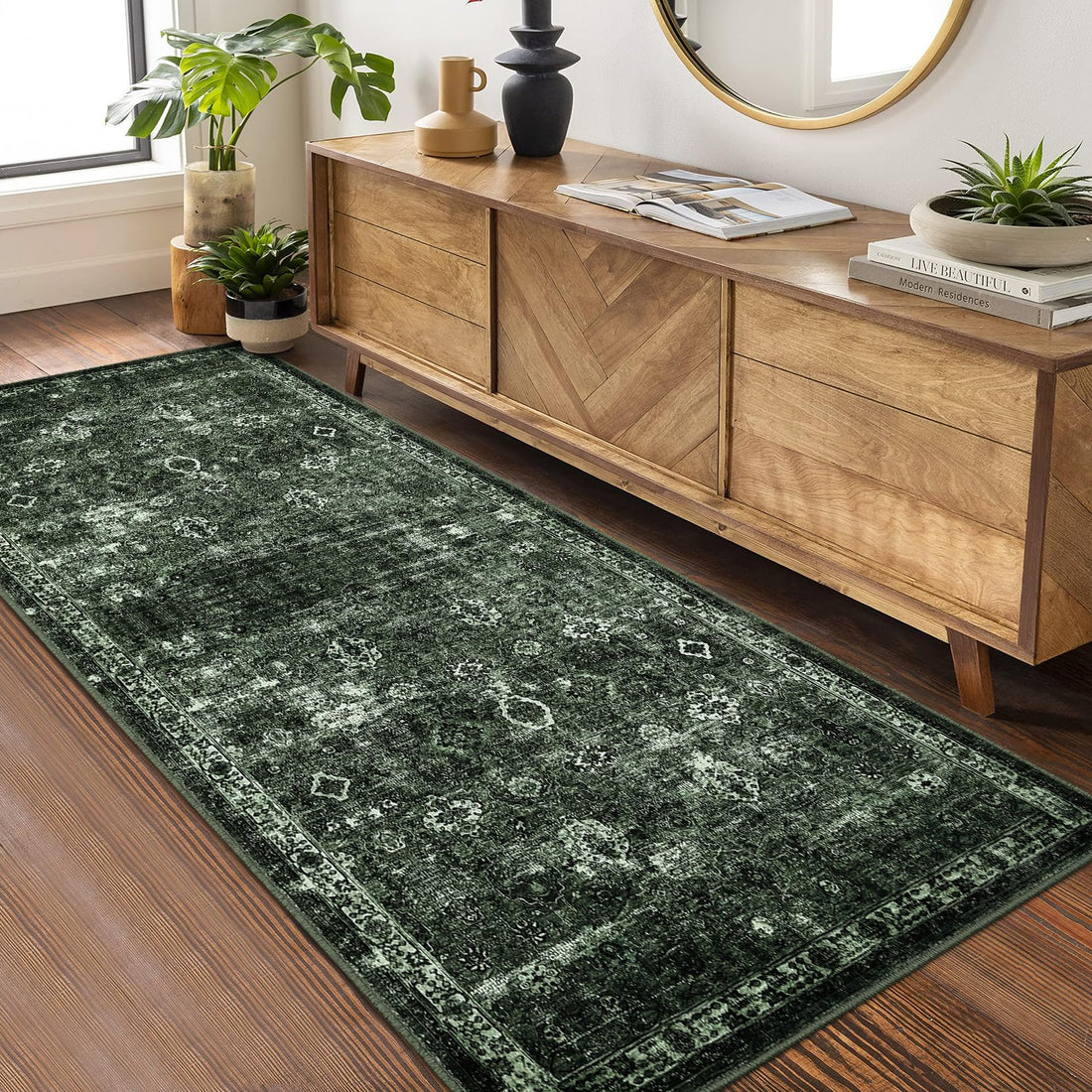 Tapis de couloir antidérapant à poils courts Garvee Boho pour cuisine, entrée, chambre, 80 x 150 cm, vert foncé vintage
