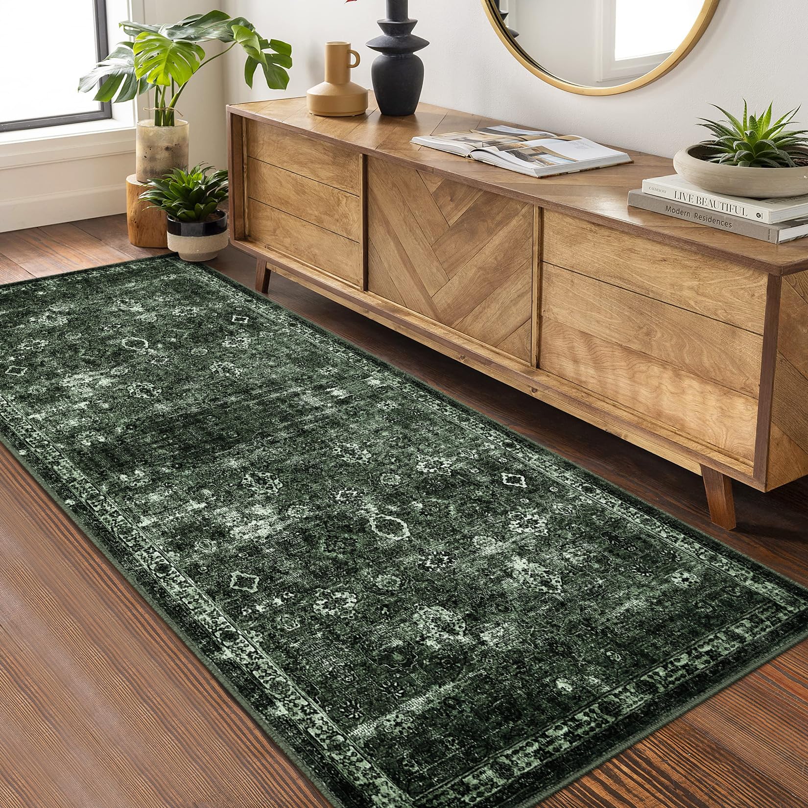 Tapis de couloir antidérapant à poils courts Garvee Boho pour cuisine, entrée, chambre, 80 x 150 cm, vert foncé vintage