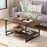 Table basse Garvee à deux niveaux, style ferme, 104 cm (41 po), bois gris avec structure en métal, idéale pour le salon et le bureau. Grand espace de rangement, structure robuste en MDF, style industriel moderne.