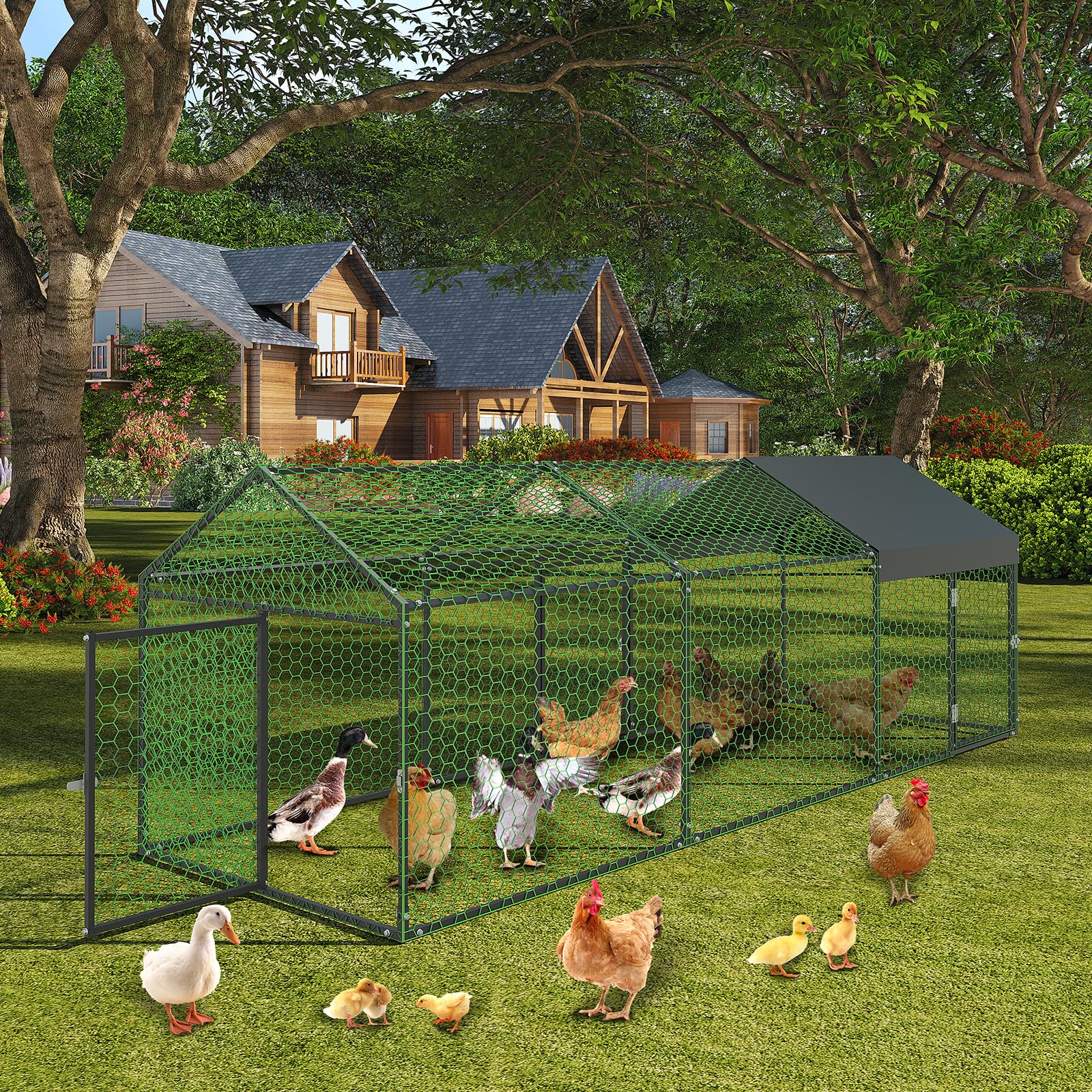 Poulailler Garvee grand format 120 x 40 x 40 pouces – 3 portes, acier galvanisé, résistant aux intempéries et sécurisé