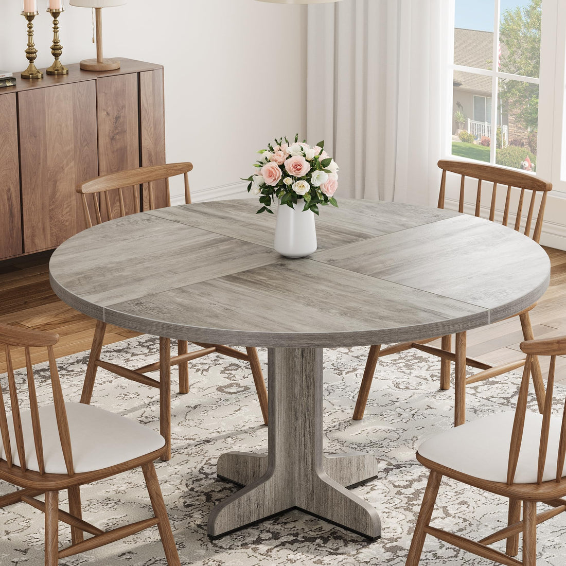 Garvee Table à manger ronde 120 cm pour 4 à 6 personnes, MDF robuste, base stable, pieds réglables, gris, pour cuisine et salon