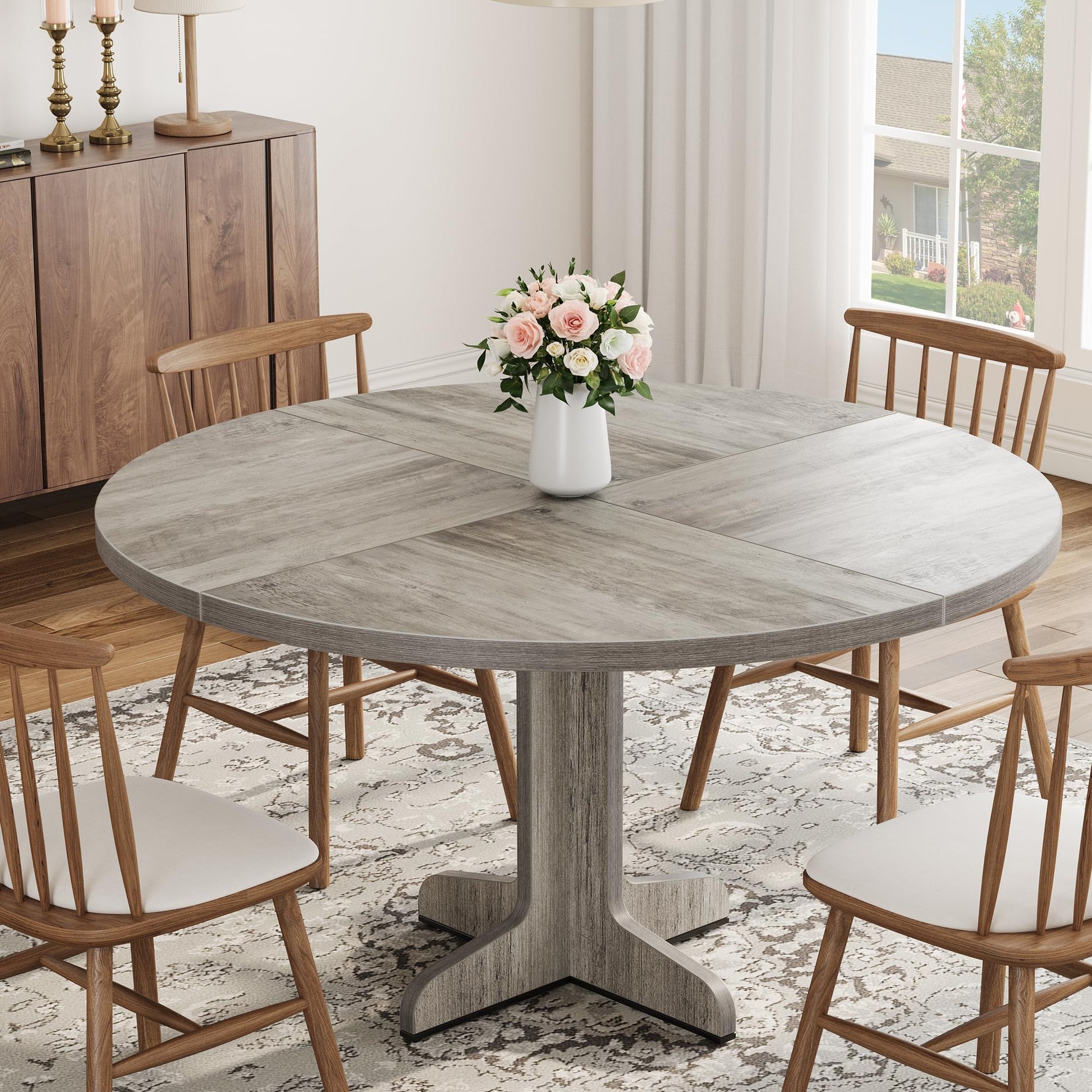 Garvee Table à manger ronde 120 cm pour 4 à 6 personnes, MDF robuste, base stable, pieds réglables, gris, pour cuisine et salon