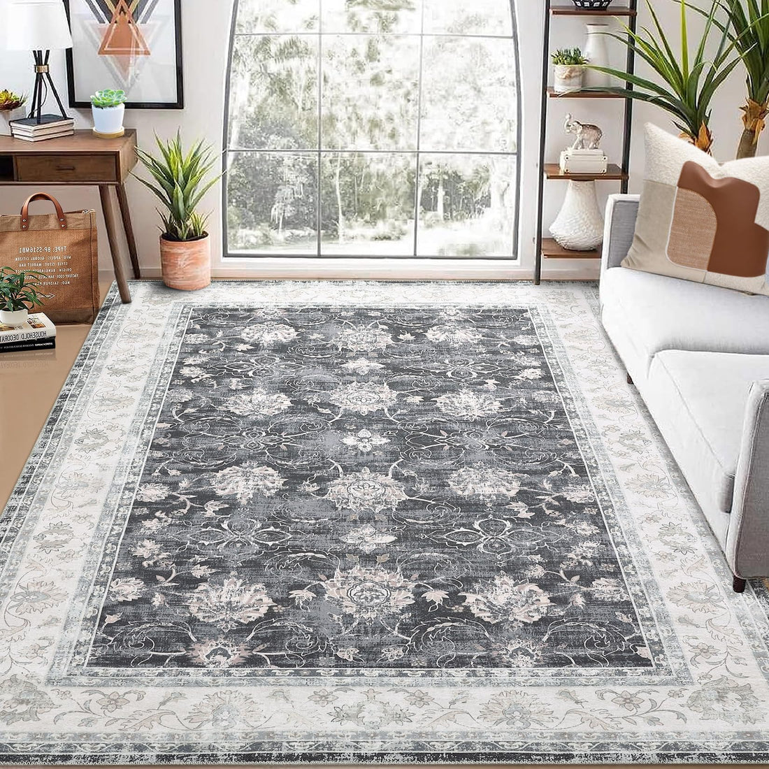 Tapis vintage Garvee, grand format 200 x 290 cm, résistant à l'eau et aux taches, antidérapant, motif poules, gris foncé, lavable en machine, intérieur et extérieur.