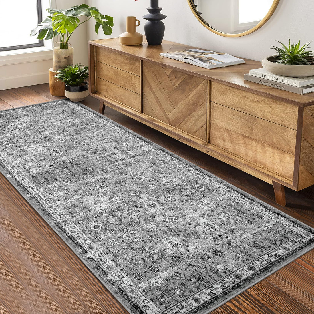 Tapis de couloir antidérapant à poils courts Garvee Boho pour cuisine, entrée, chambre, salon, 80 x 150 cm, gris vintage