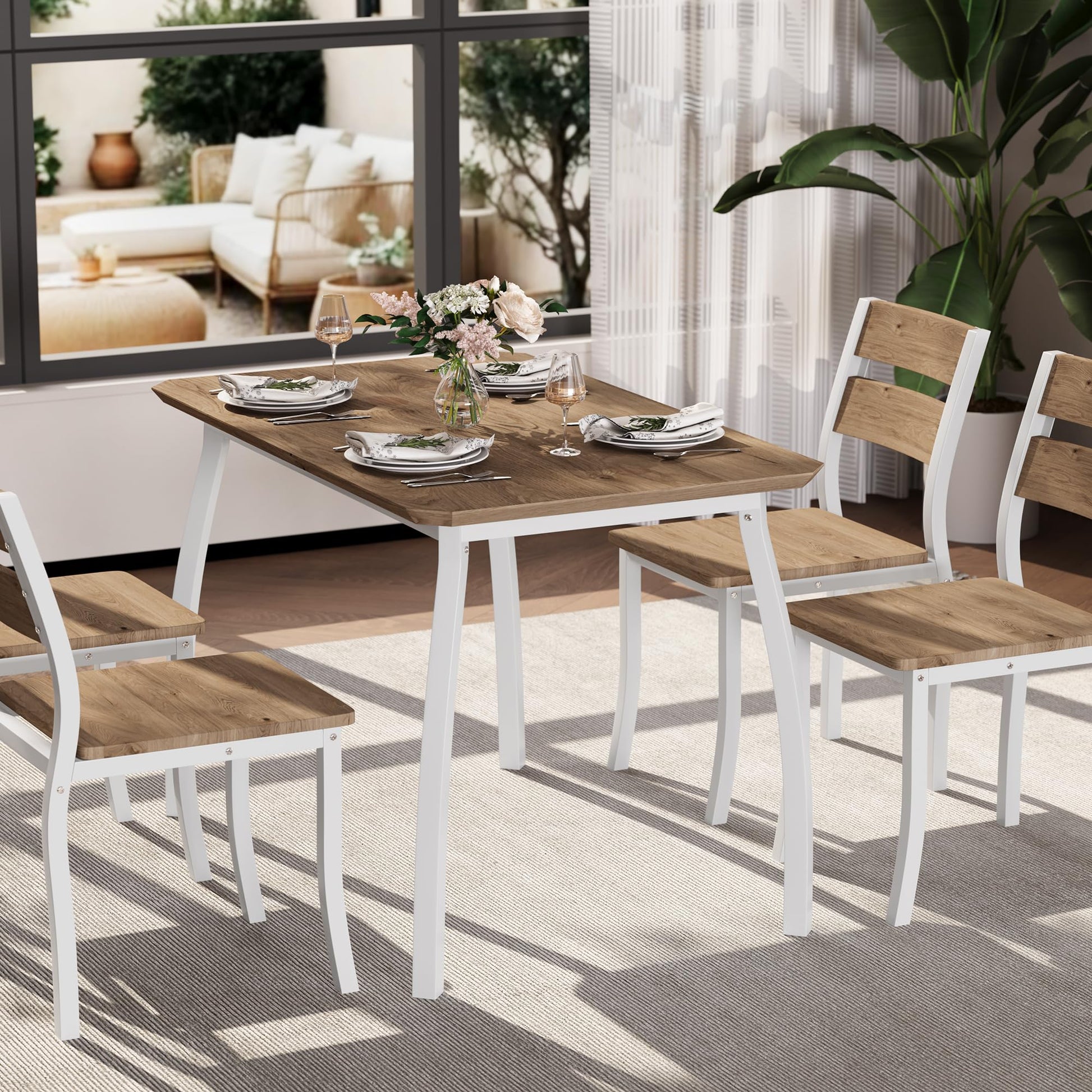 Ensemble table et chaises de salle à manger Garvee pour 4 personnes, structure en métal, design d'angle, chaises ergonomiques, bois, blanc, gain de place pour les petites pièces