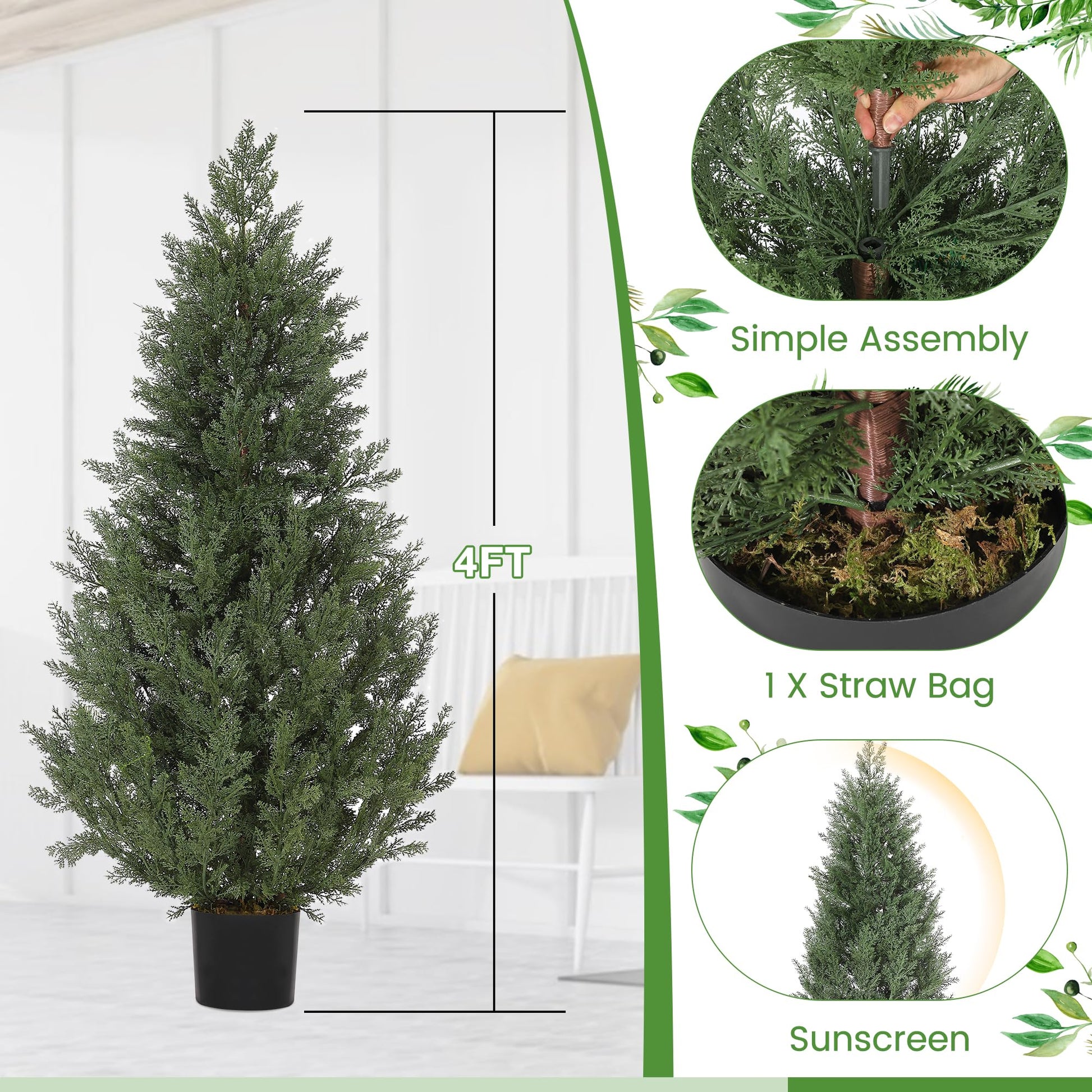 Ensemble de 2 arbres topiaires artificiels en cèdre Garvee de 1,20 m, résistants aux UV et aux intempéries, en polyéthylène, vert, pour jardin et terrasse.