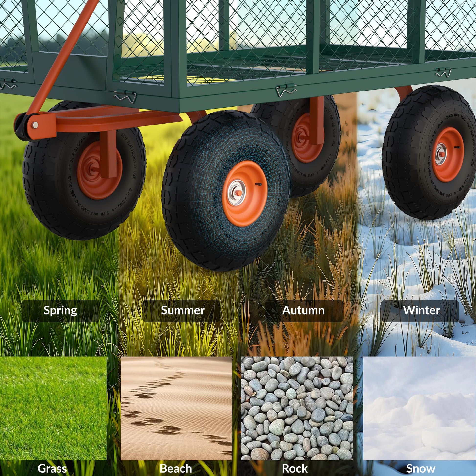 Garvee Chariot de jardin en acier robuste, charge 227 kg, ridelles amovibles, pneus tout-terrain de 25 cm et poignée pivotante, vert et orange