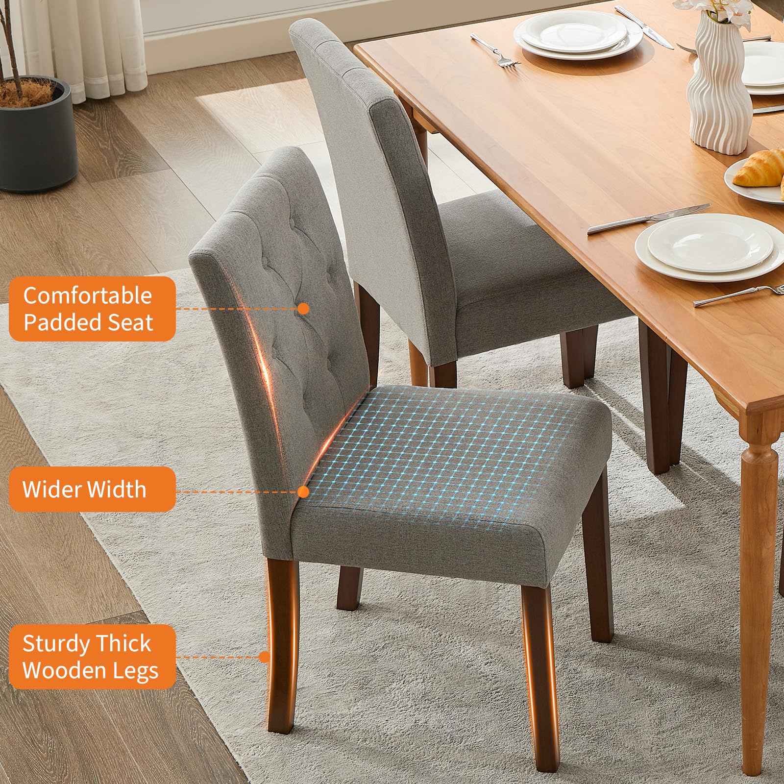 Garvee Ensemble de 2 chaises de salle à manger rembourrées, style Parsons moderne, revêtement en lin doux, pieds en bois robustes, soutien ergonomique