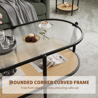 Table basse ovale à deux niveaux Garvee en rotin avec structure en métal et plateau en verre trempé, noire, pour salon et bureau