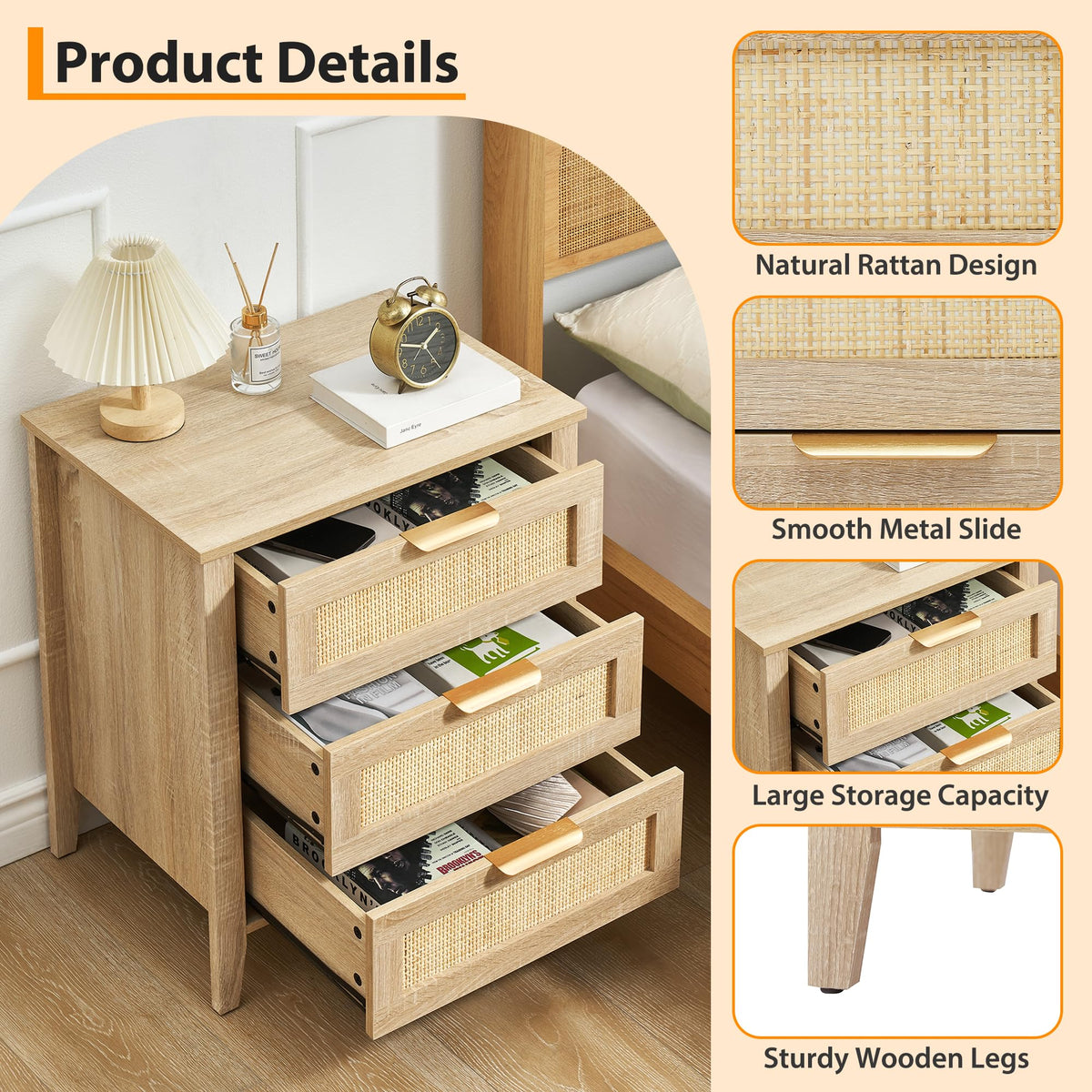 Garvee Table de chevet en rotin avec 3 tiroirs en osier naturel, structure en bois robuste pour chambre et salon, style moderne et polyvalent, Chêne