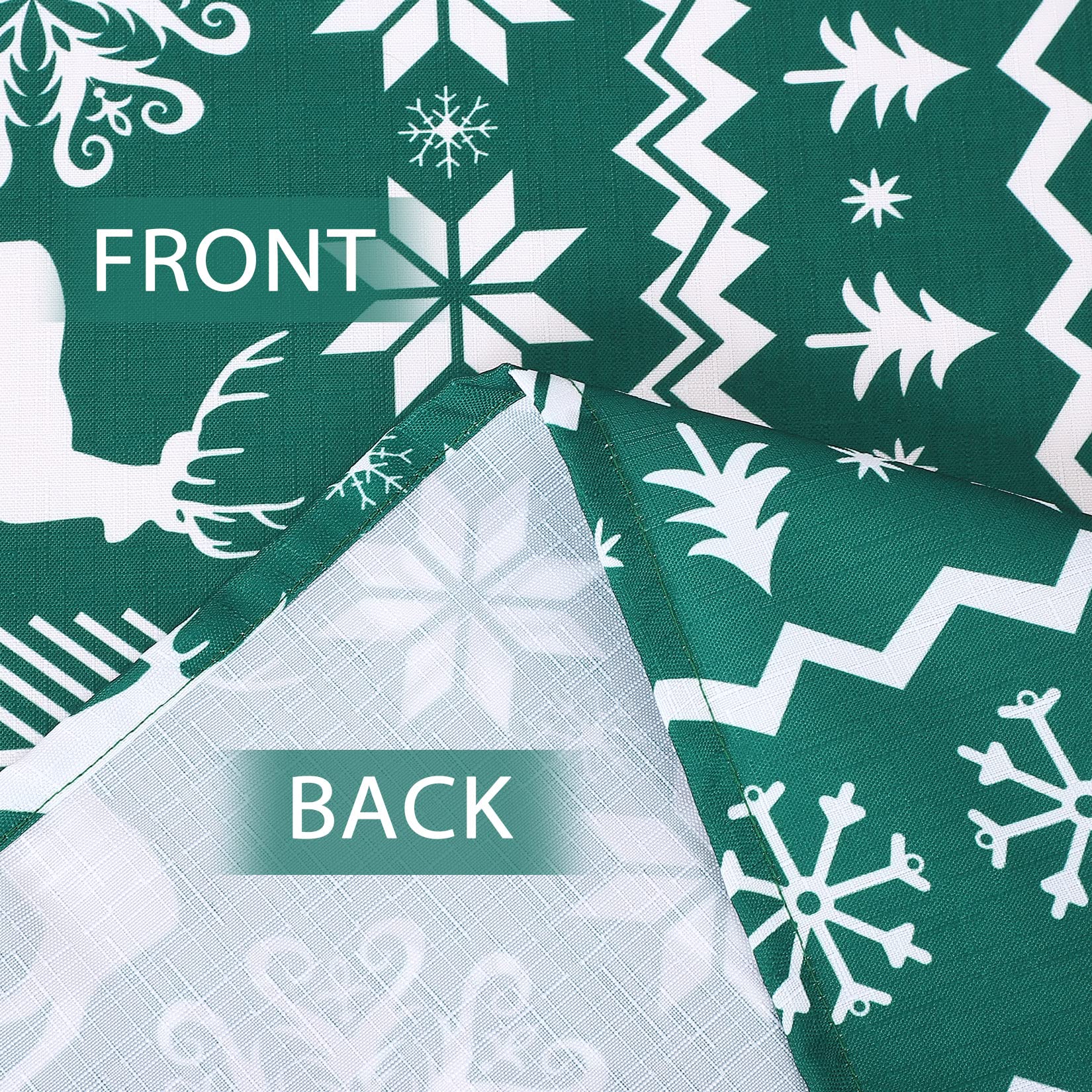 Nappe de Noël ronde Garvee 152 cm, verte, déperlante et antitache, 100 % polyester, motif flocons de neige et rennes, idéale pour les fêtes de Noël et la maison.