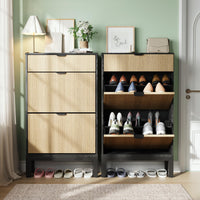 Meuble à chaussures Garvee avec 2 tiroirs abattants, style campagnard cannelé, pieds en métal, noir et chêne, pour entrée et couloir, étroit