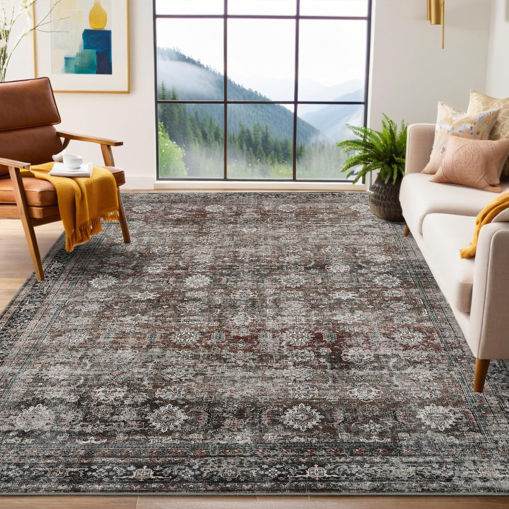Tapis Garvee lavable style vintage tissé à plat, antidérapant, pour salon, chambre, cuisine, aspect doux et usé, design moderne