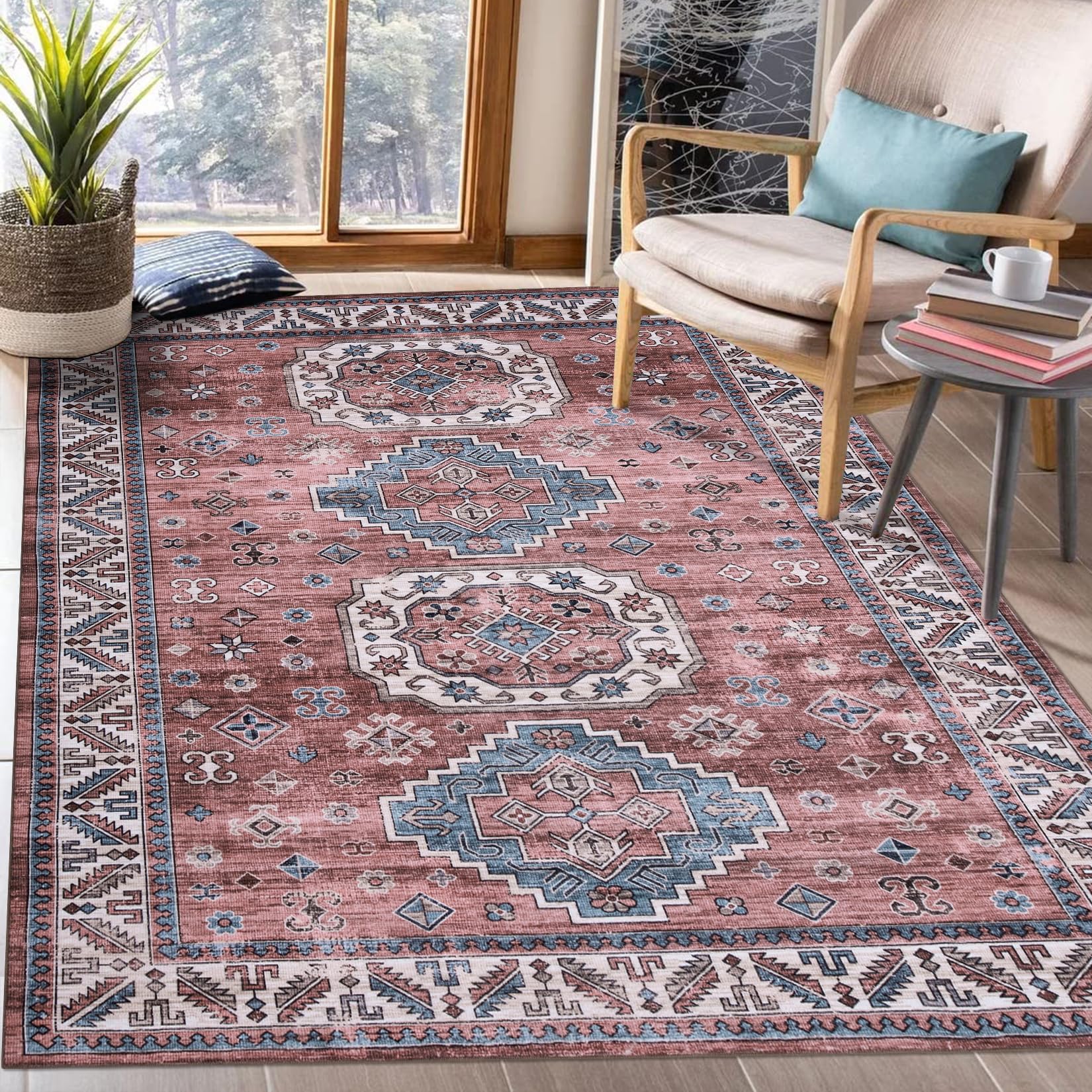 Tapis de salon vintage Garvee, doux, lavable, style campagnard oriental, rose, 160 x 230 cm