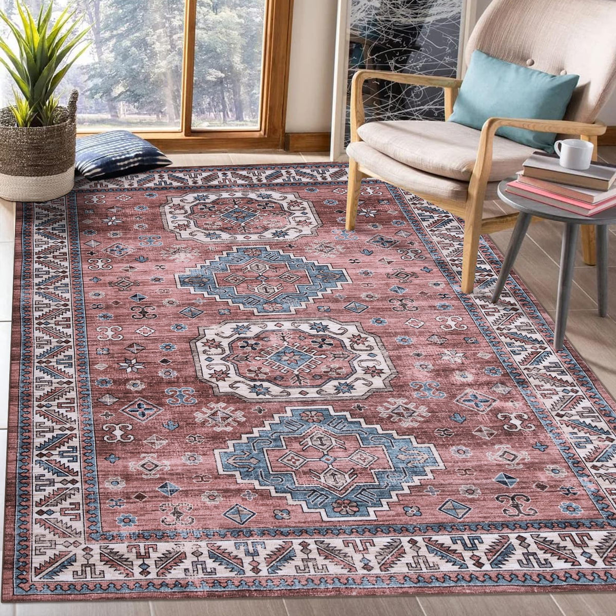 Tapis de salon vintage Garvee, doux, lavable, style campagnard oriental, rose, 120 x 170 cm